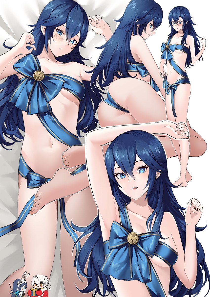 1boy 1girls ameno_(a_meno0) ass barefoot bed_sheet big_ass blue_eyes blue_hair blue_ribbon blush breasts chibi christmas feet female female_only fingernails fire_emblem fire_emblem_awakening fire_emblem_heroes gift gift_wrapping highres long_hair looking_at_viewer lucina_(fire_emblem) lucina_(spring)_(fire_emblem) multiple_views naked_ribbon navel nintendo parted_lips ribbon robin_(fire_emblem) robin_(fire_emblem)_(male) simple_background small_breasts smile solo symbol-shaped_pupils teenager thighs toes white_background wrappings