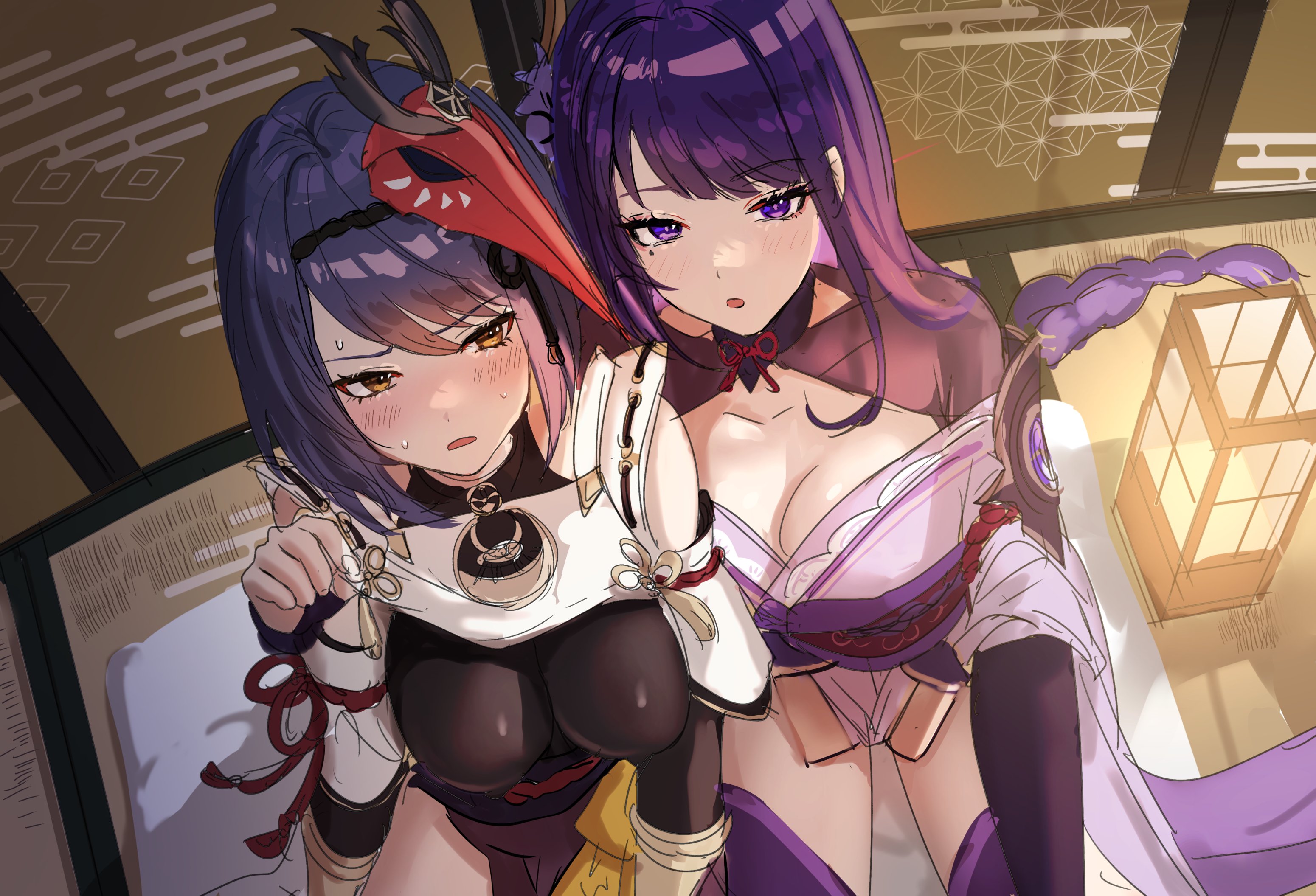 2girls, beauty mark, black elbow gloves, black gloves, black long gloves, breasts, clothed breasts, elbow gloves, female, female only, genshin impact, gloves, highres, kujou sara, lantern, large breasts, long gloves, nam76num, raiden shogun, subjectivity, thighs, tight clothing, yavalley
