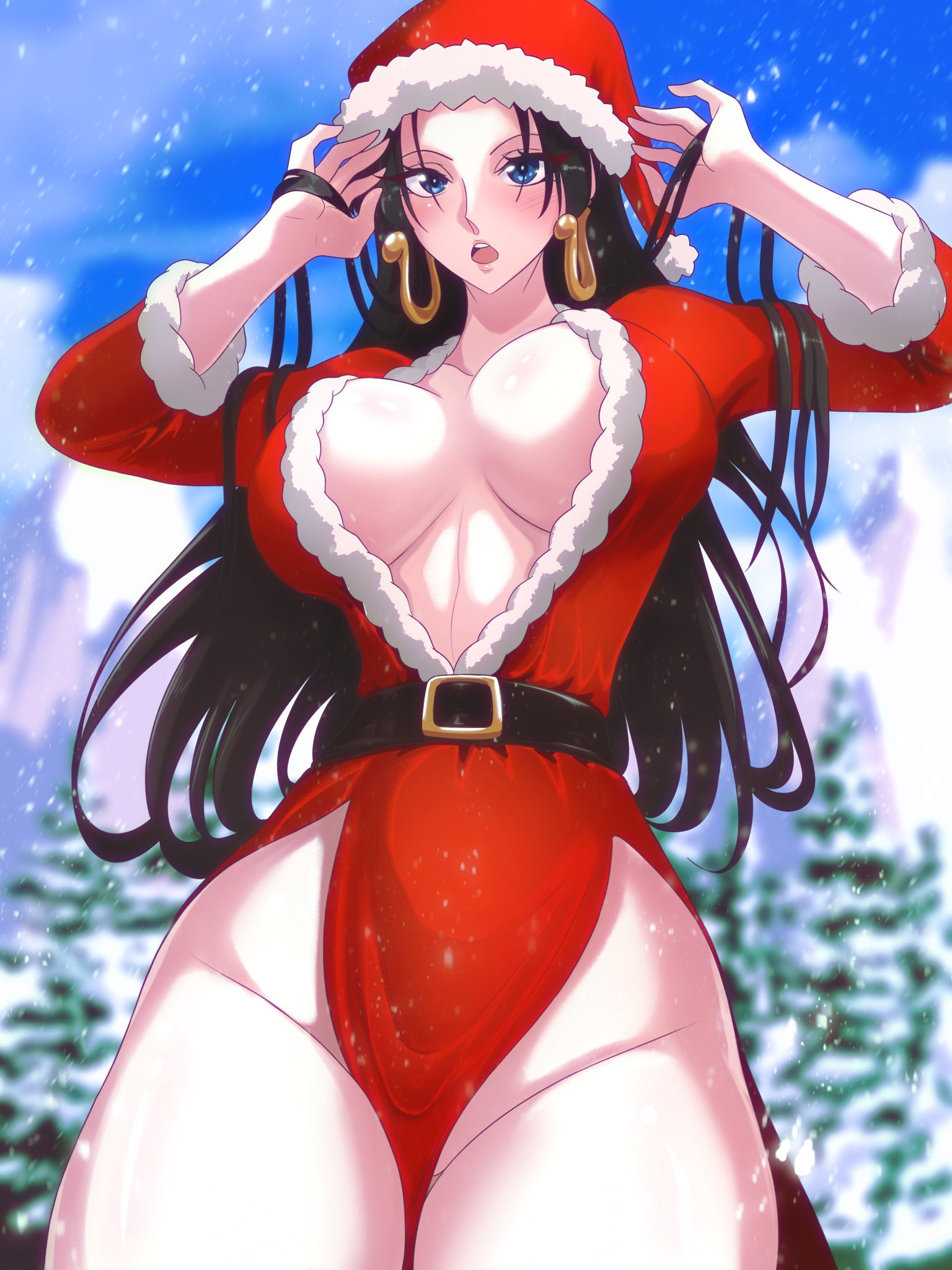 1girls, big breasts, black hair, black-haired female, blue eyes, blush, boa hancock, breasts, christmas, christmas hat, christmas outfit, clothed, clothing, female, female focus, female only, inner sideboob, large breasts, long hair, looking at viewer, one piece, opalisart, snow, solo, solo female, thick thighs
