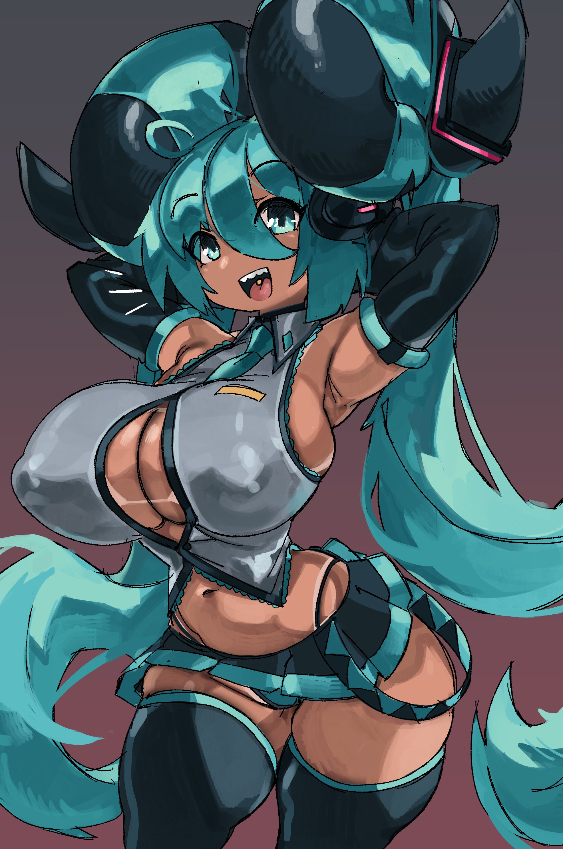 1girls, aife (zanamaoria), arm sleeves, armpits, arms behind head, big breasts, big horns, boob window, breasts, cleavage cutout, cosplay, curved horns, demon, demon girl, demon horns, female, female only, green eyes, green hair, hair on horn, hatsune miku (cosplay), horns, long hair, looking at viewer, miniskirt, nipple bulge, open mouth, pose, sharp teeth, sideboob, simple background, skirt, solo, solo female, succubus, tan skin, tanline, thick thighs, thighhighs, tight clothing, tongue piercing, very high resolution, vocaloid, wide hips, zanamaoria