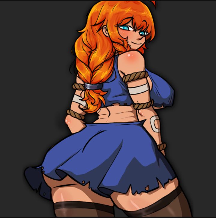 artist_request blue_eyes breasts from_behind genderswap_(mtf) gragas league_of_legends looking_at_viewer orange_hair rule_63 skirt skirt_lift tank_top_lift tattoo thick_thighs thighhighs thighs underboob underwear visible_underwear