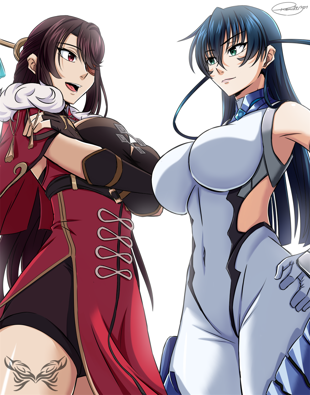 2girls :d arms_under_breasts beidou_(genshin_impact) blue_hair bodysuit breasts brown_gloves brown_hair china_dress chinese_clothes crossover dress english_commentary eyepatch female_only fingerless_gloves genshin_impact gloves green_eyes hair_ornament hair_over_one_eye highres igawa_asagi large_breasts long_hair mixed-language_commentary multiple_girls ninja open_mouth red_dress red_eyes remchi301 signature simple_background smile taimanin_(series) taimanin_asagi white_background white_bodysuit