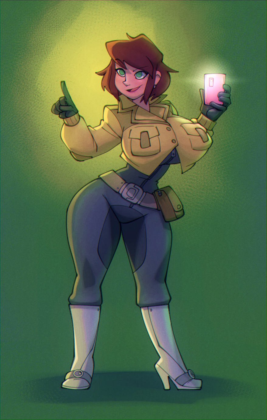1girls, 2021, april o'neil, april o'neil (tmnt 1987), arms up, big breasts, bigdad, blush, breasts, brown hair, clothed, clothing, electronics, female, female focus, female only, footwear, green eyes, handwear, human, large breasts, looking at another, pale skin, phone, short hair, solo, solo female, teenage mutant ninja turtles, thick thighs, thighs, wide hips