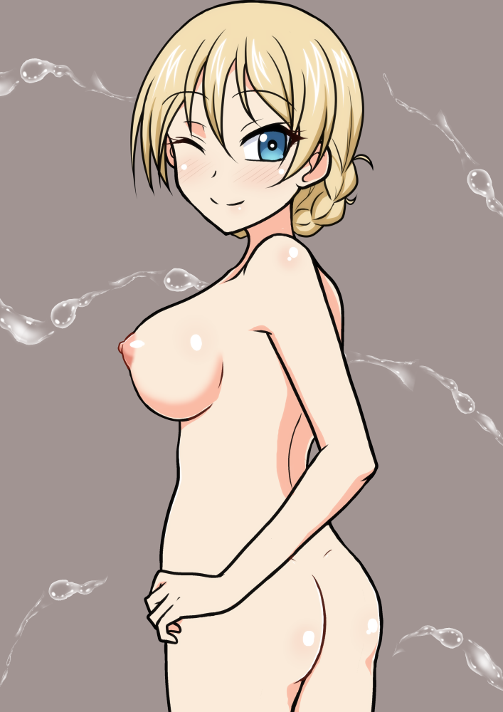 ass blonde_hair blue_eyes blush braid breasts darjeeling female from_behind girls_und_panzer izumi_(izumi_p) large_breasts looking_at_viewer looking_back nipples nude one_eye_closed short_hair smile solo