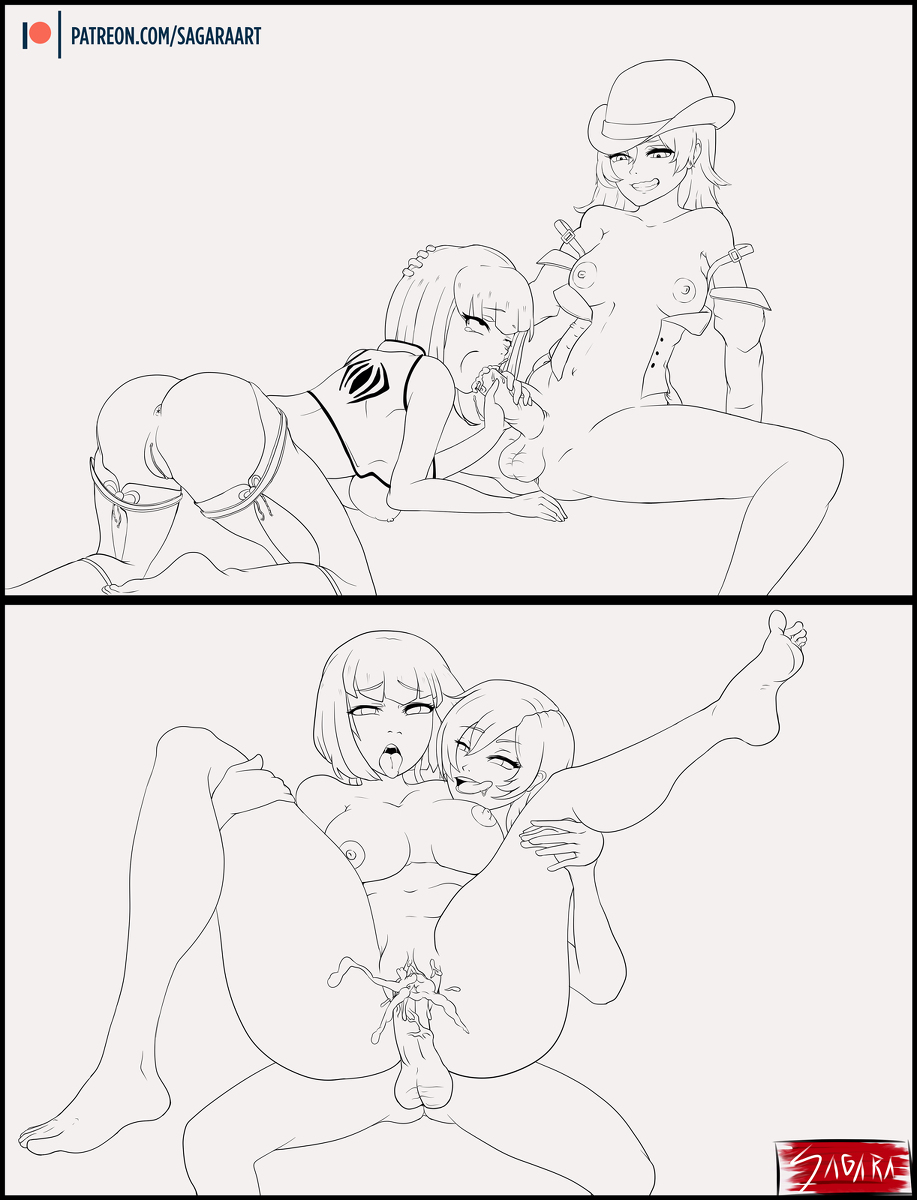 1futa 1girls areolae better_version_at_source big_penis black_and_white breasts duo emerald_sustrai erection fellatio female futa_on_female futanari hat human line_art neo_(rwby) nipples nude oral penis pixiv_sample rolling_eyes rwby sagaraart sex tongue tongue_out vaginal_penetration