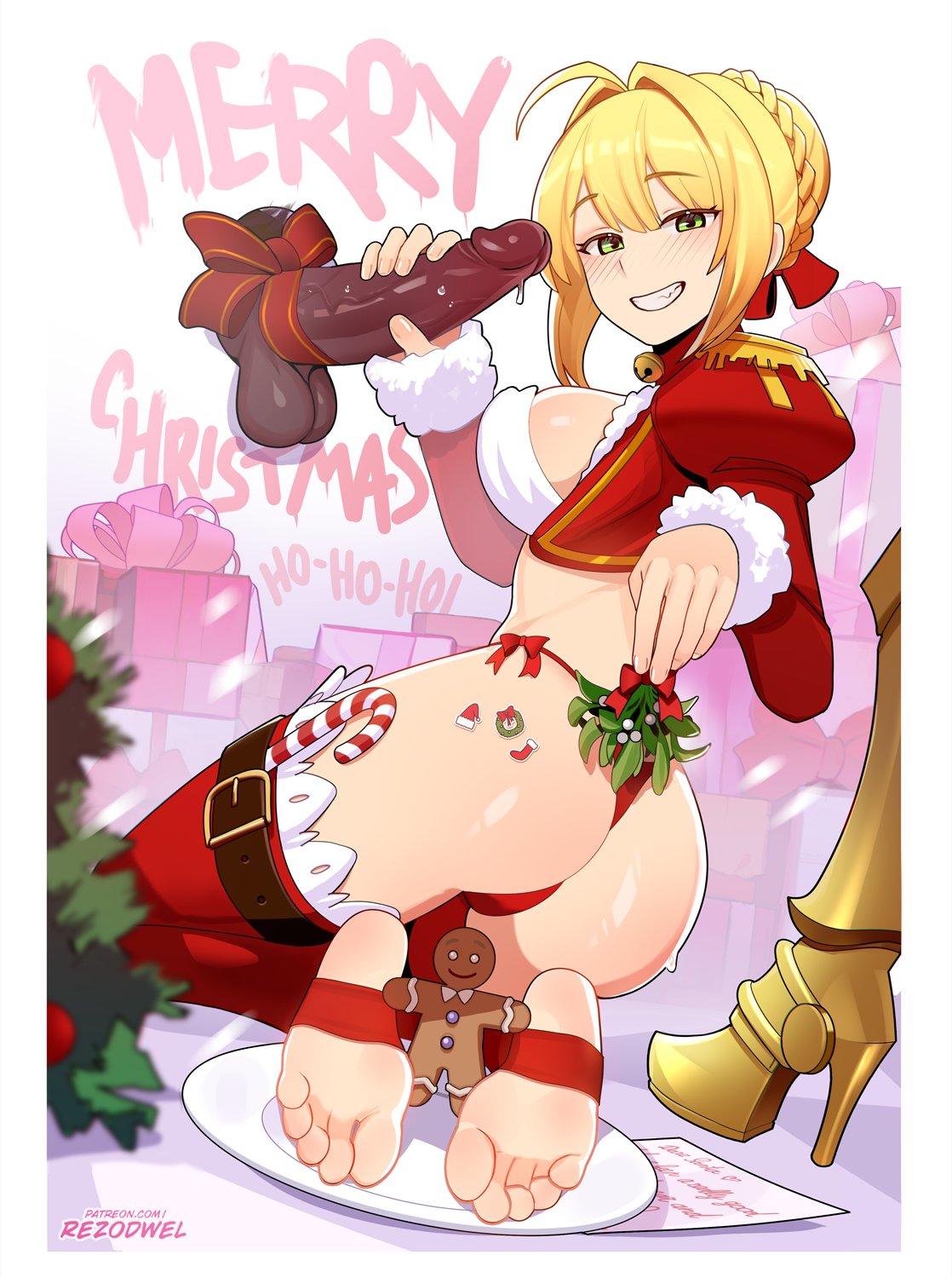 1boy 1girls ahoge armored_boots ass blonde_hair boots box christmas dark-skinned_male dark_skin erection fate/extra fate_(series) feet female gift gift_box glory_hole green_eyes grin handjob highres interracial kneeling looking_at_viewer merry_christmas nero_claudius_(fate) nero_claudius_(fate/extra) panties penis penis_grab penis_ribbon red_panties red_thighhighs rezodwel ribbon smile soles solo_focus stirrup_legwear straight testicles thighhighs toeless_legwear toes uncensored underwear unworn_footwear