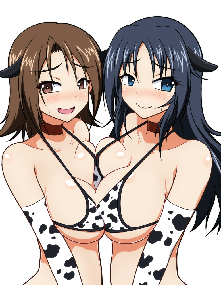 2girls bikini black_hair blue_eyes blush breasts brown_eyes brown_hair cleavage cow_ears cow_girl cow_print elbow_gloves freckles girls_und_panzer izumi_(izumi_p) large_breasts long_hair multiple_girls open_mouth sawa_azusa short_hair symmetrical_docking yamagou_ayumi