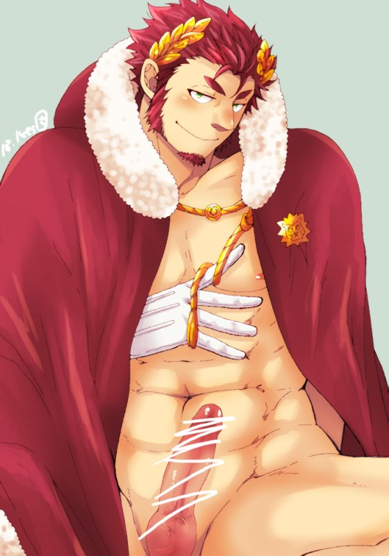 1boy abs bara bare_pectorals blush cape censored claude_(tokyo_afterschool_summoners) erection facial_hair fur-trimmed_cape fur_trim gakei3 gloves goatee hood hooded_cape laurel_crown long_sideburns looking_at_viewer male male_focus male_only mature_male muscular muscular_male naked_cape naughty_face nipples pectorals penis red_cape red_hair scribble short_hair sideburns solo spread_legs stomach thick_eyebrows tokyo_afterschool_summoners tokyo_houkago_summoners white_gloves