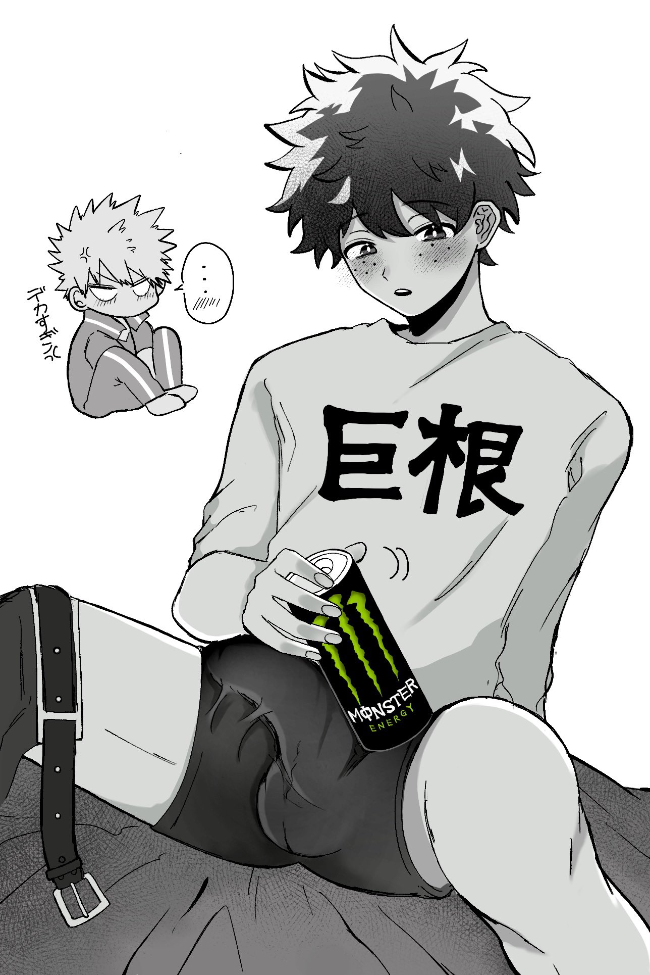 bakugou katsuki, big bulge, boku no hero academia, bulge, bulge through clothing, clothed, deku, embarrassed, embarrassed expression, izuku midoriya, katsuki bakugou, male, male focus, measuring penis, midoriya izuku, mochi 0212, monochrome, monster energy, mostly clothed, my hero academia, penis, penis awe, penis envy, tagme, yaoi