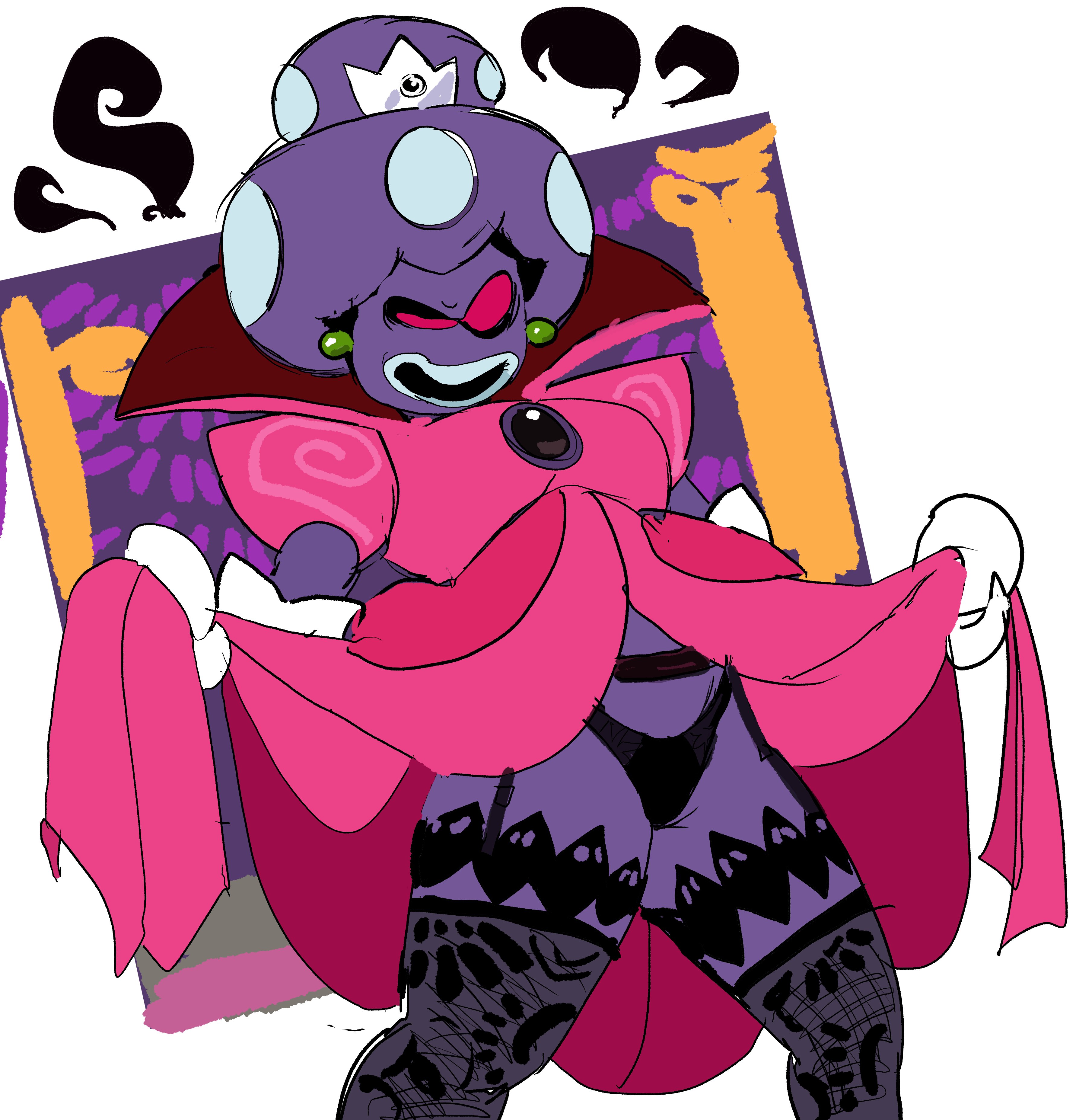 1girls, alien, alien girl, alien humanoid, black panties, black stockings, clothing, crown, dress, dress lift, earrings, female, female only, flashing, flashing panties, forbiddenchees8, gloves, green earrings, humanoid, lingerie, mario (series), mario and luigi (series), mario and luigi: partners in time, nintendo, panties, pink dress, pink eyes, princess shroob, puffy lips, purple body, purple skin, red eyes, showing panties, silver crown, solo, standing, stockings, tagme, white gloves, white lips, white lipstick