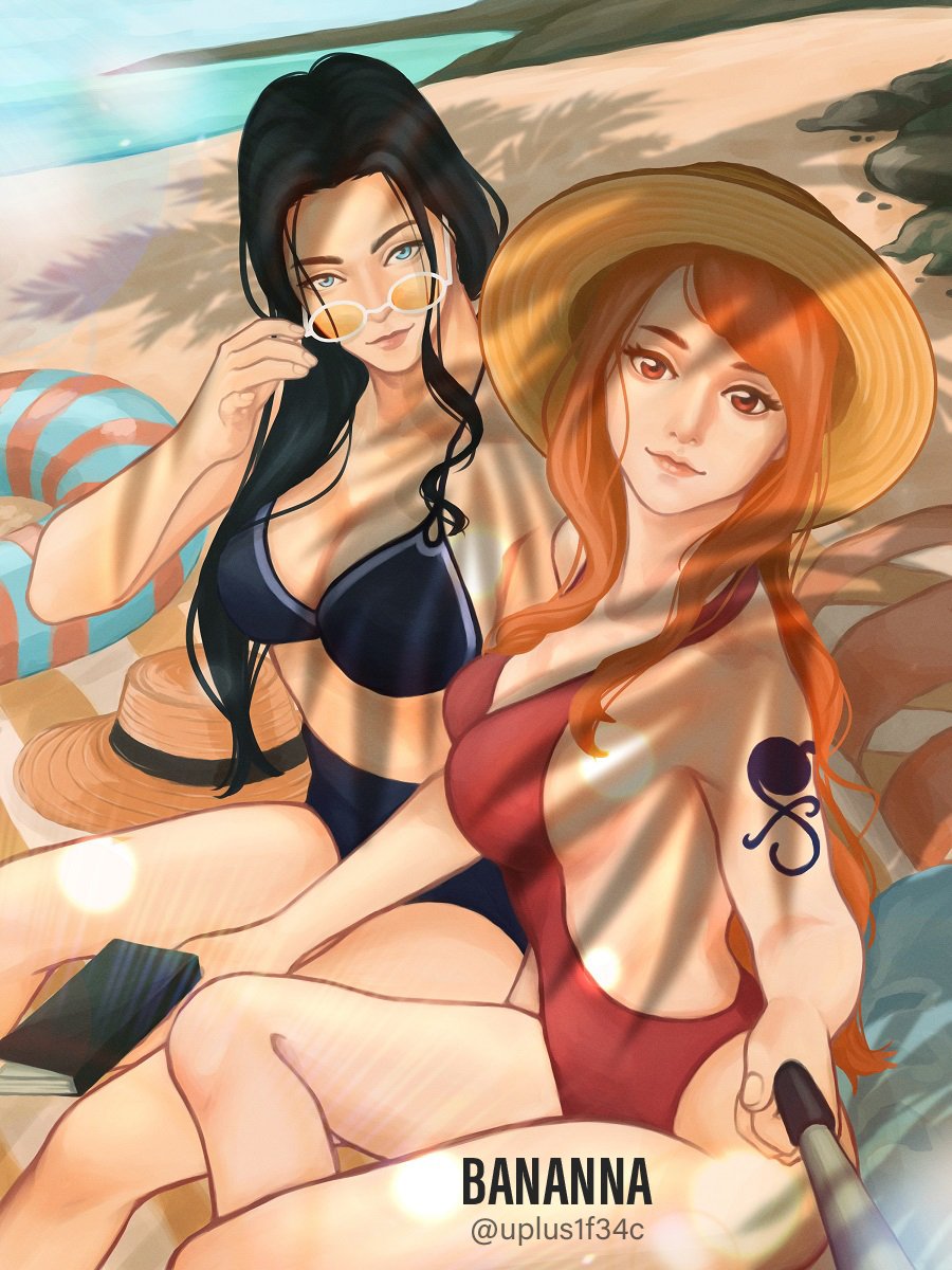 2girls adjusting_eyewear adjusting_glasses adjusting_sunglasses artist_name beach bikini black_hair blue_eyes book cleavage female female_focus female_only hat looking_at_viewer looking_over_eyewear looking_over_glasses looking_over_sunglasses nami nico_robin one-piece_swimsuit one_piece orange-tinted_eyewear orange_eyes orange_hair post-timeskip sea seaside selfie selfie_stick sideboob source_request straw_hat sunglasses swimsuit tagme tattoo thighs tinted_eyewear uplus1f34c