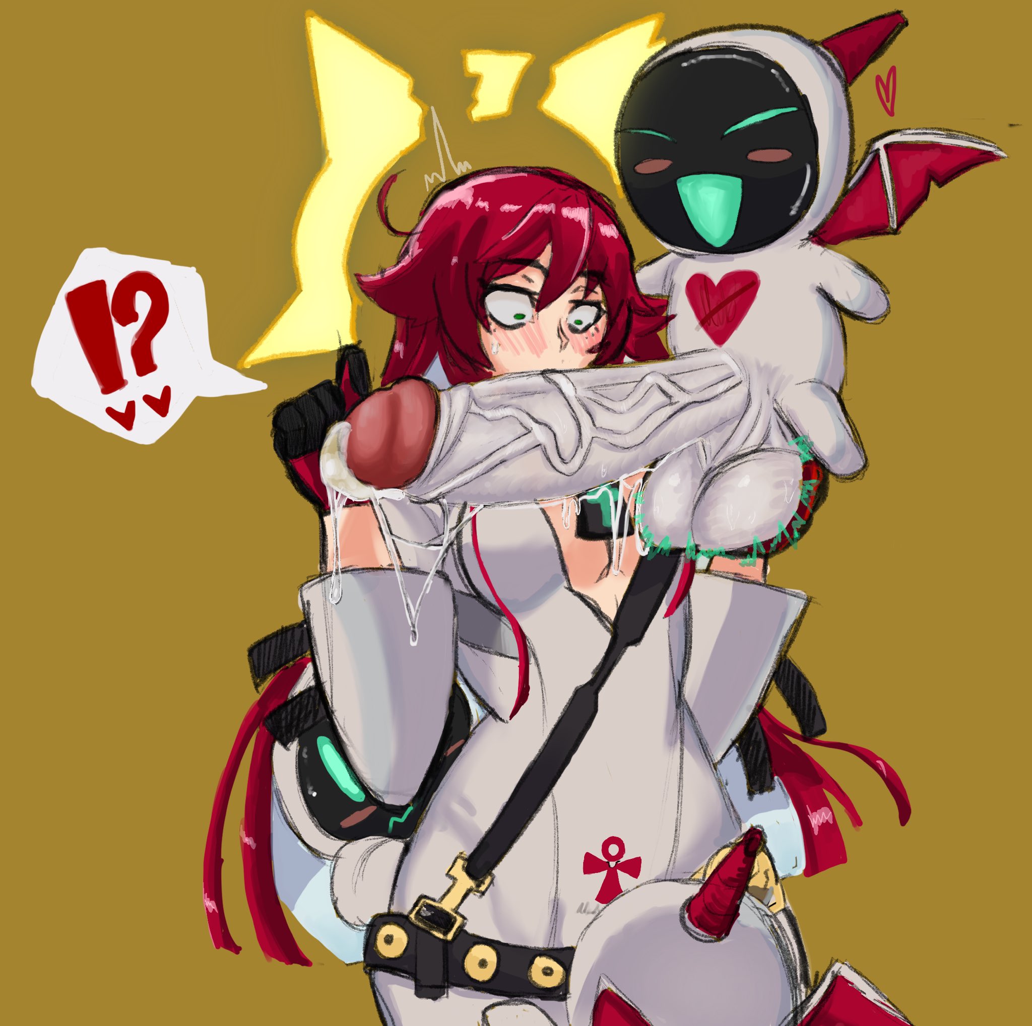 1girls, big breasts, big penis, breasts, female, guilty gear, jack-o' valentine, looking at penis, male, mobi mobi, mobubeinglewd, penis, penis awe, red hair, small but hung