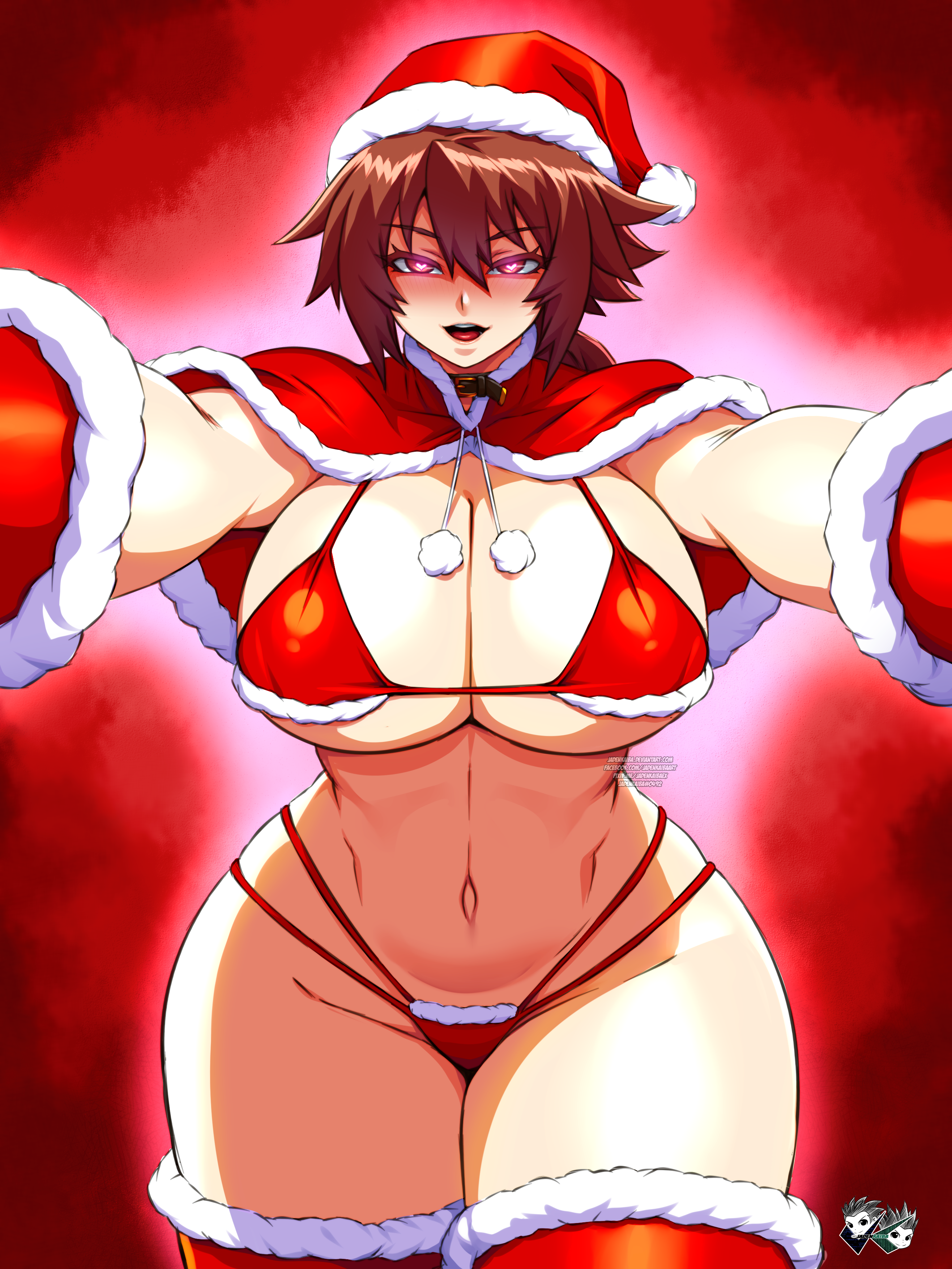 1girls, alternate version available, big breasts, bikini, bikini bottom, bikini top, blush, bottomwear, breasts, brown eyes, brown hair, christmas, christmas clothing, christmas outfit, cleavage, female, female only, glowing eyes, hair, hat, headwear, heart-shaped pupils, hips, huge breasts, jadenkaiba, legwear, looking at viewer, original character, red bikini, santa hat, school fight, solo, solo female, swimwear, thighs, topwear, wide hips, yui rakkuza