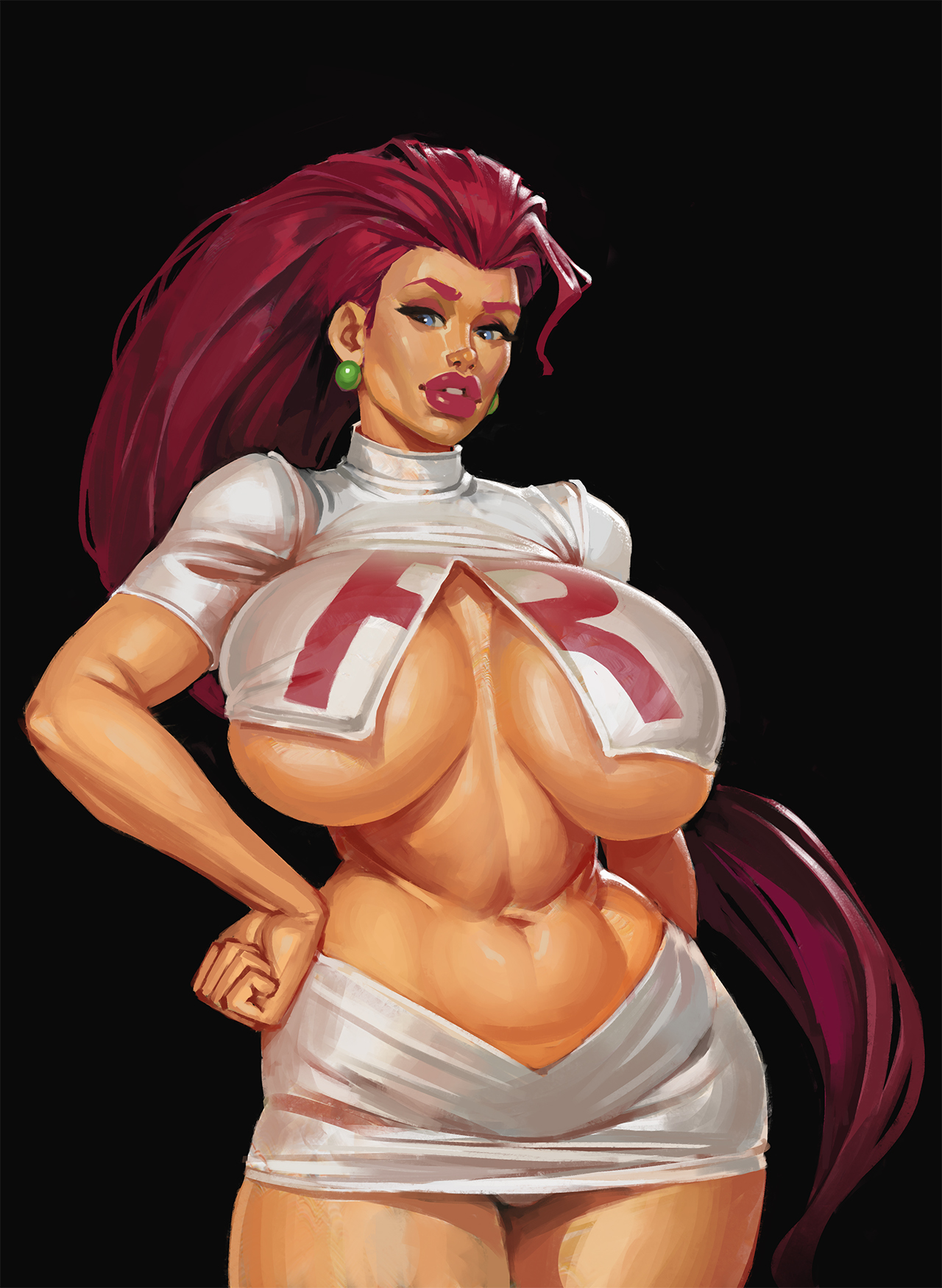 1girls, ass, barely clothed, big ass, big breasts, black background, boobsgames, breasts, clothed, cropped legs, female, female only, huge breasts, inner sideboob, jessie (pokemon), miniskirt, no bra, no underwear, panties, pokemon, simple background, skirt, solo, standing, underboob, white skirt
