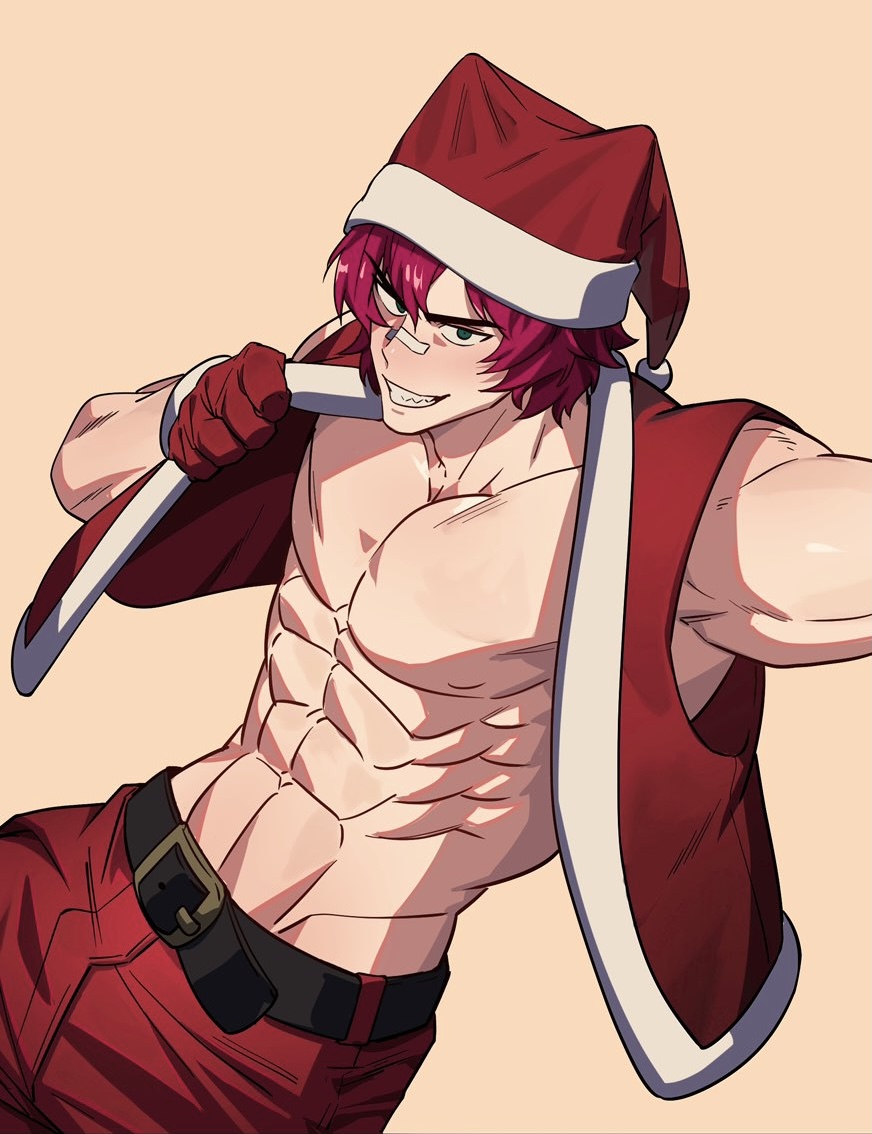 abs christmas cropped_image gaeha_is_ heartsteel_series heartsteel_sett jacket jacket_open league_of_legends looking_at_viewer male male_focus male_only muscular muscular_male pecs pectorals santa_costume santa_hat selfie selfie_pose sett solo solo_focus solo_male taking_selfie