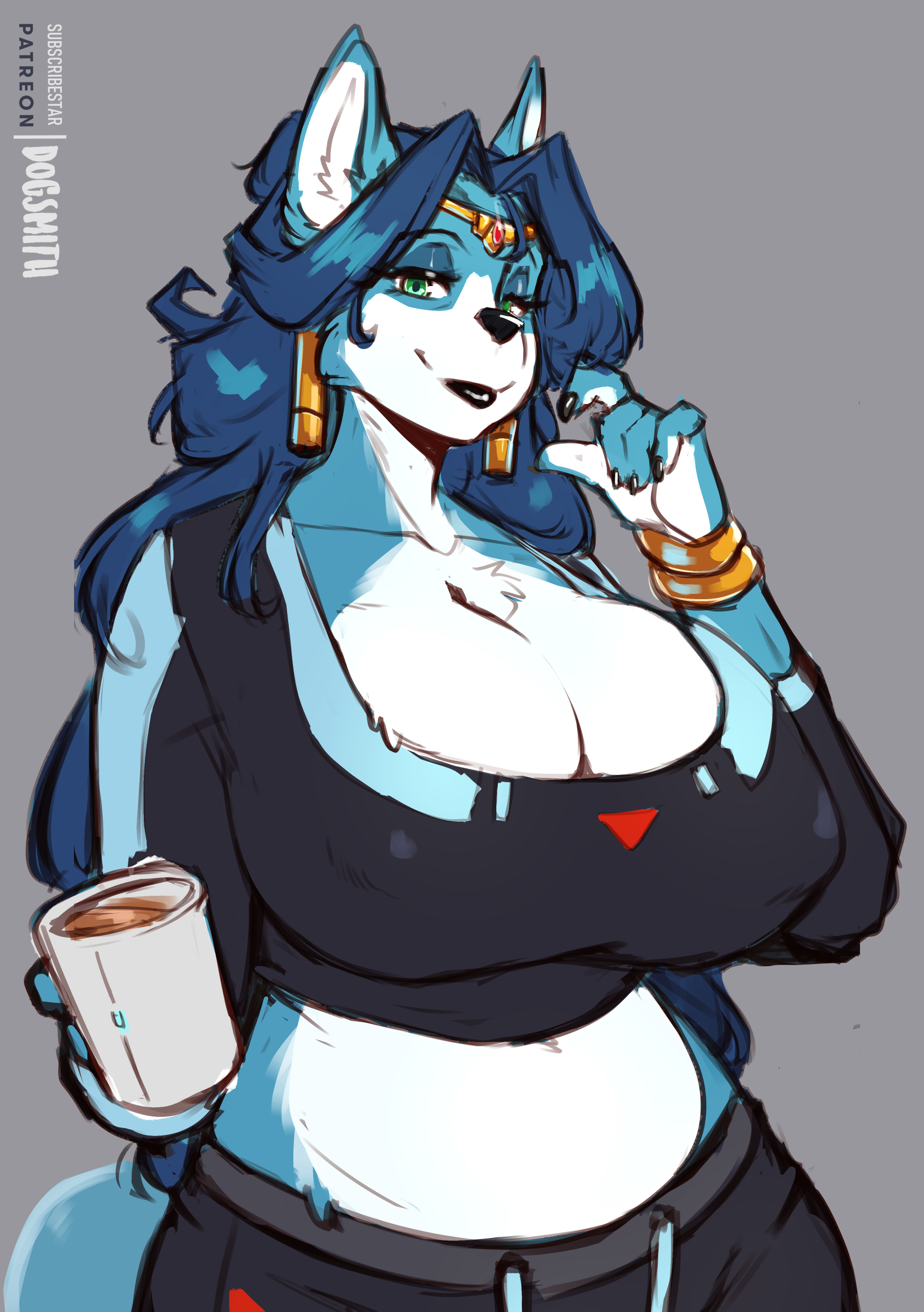 1girls, 5 fingers, anthro, big breasts, blue fur, blue hair, breasts, breasts bigger than head, cleavage, ears, faizenek, female, female only, fox, fox girl, furry, furry only, grey background, holding, holding object, inu-sama, krystal, krystal (star fox), large breasts, long hair, looking at viewer, milf, nintendo, nipple bulge, no humans, simple background, solo, solo female, solo focus, star fox, tail, the dogsmith, two-tone body, two-tone fur
