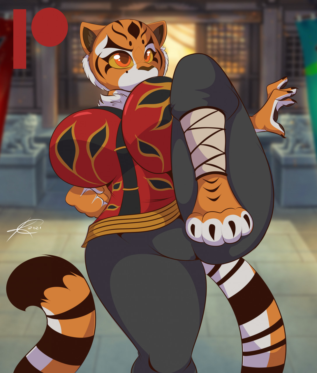 1girls, 2021, anthro, breasts, claws, clothes, feline, female, female only, fully clothed, furry, huge breasts, kung fu panda, master tigress, mastergodai, orange eyes, orange fur, pawpads, pose, posing, raised leg, signature, solo, standing on one leg, tail, text, thick thighs, thunder thighs, tiger, two-tone fur, voluptuous, white fur, wide hips