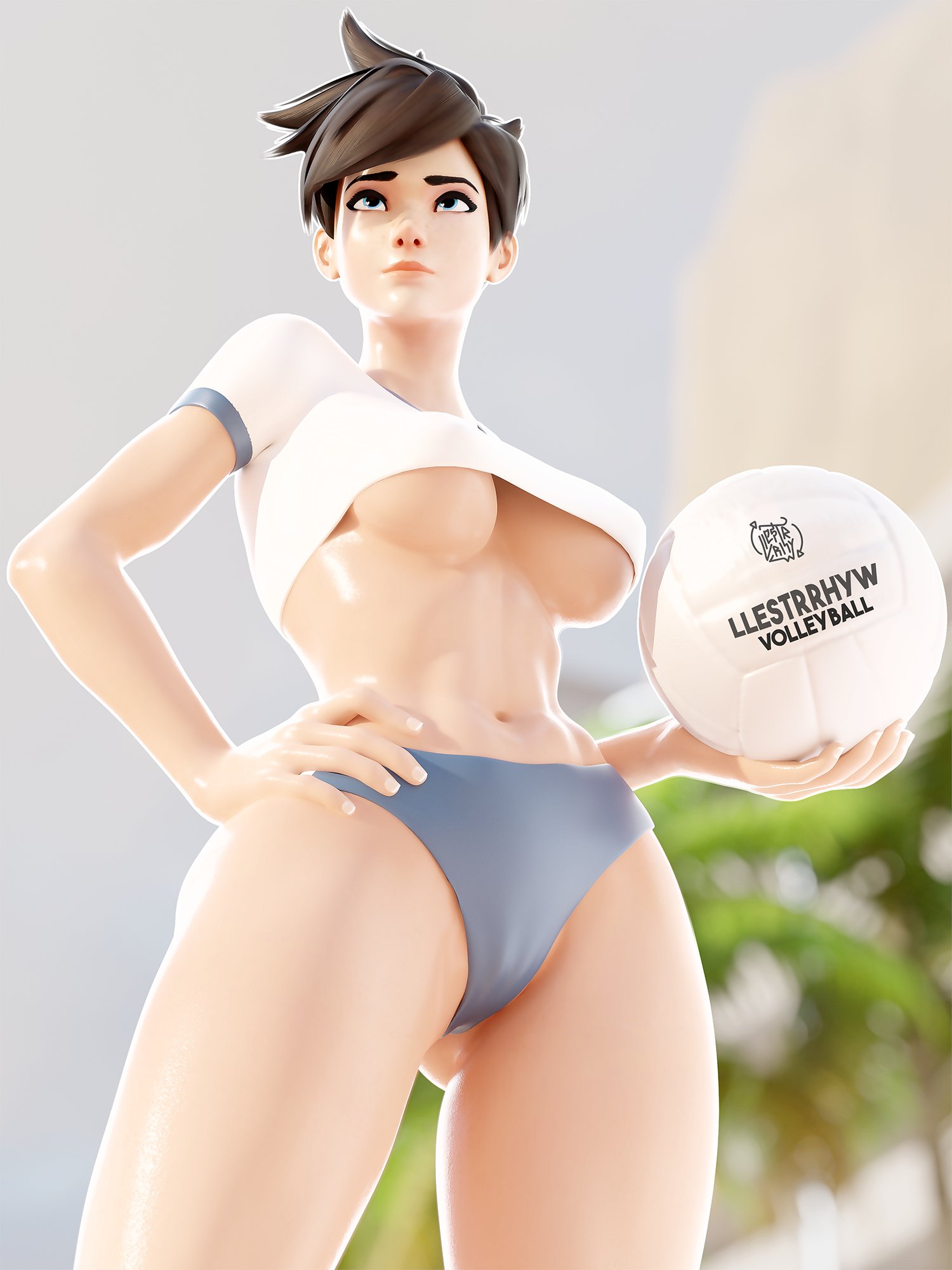 1girls, 2023, 3d, 5 fingers, blender, blizzard entertainment, breasts, brown hair, female, female only, hand on hip, holding object, light skin, light-skinned female, navel, overwatch, overwatch 2, rhywlad, shorts, solo, solo female, standing, t-shirt, tracer, underboob, volleyball