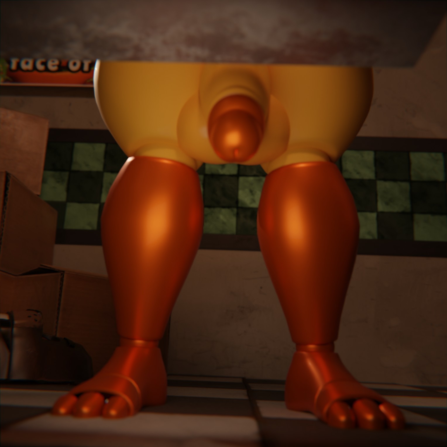 1futa, 3 toes, 3d, anthro, balls, ballsack, big penis, creepy, exposed penis, feversfm, five nights at freddy's, futa focus, futanari, genitals, glans, hiding, huge penis, humanoid genitalia, humanoid penis, intersex, legs, penis, pov, scary, solo, standing, table, testicles, toes, toy chica (fnaf), toy chica (love taste)