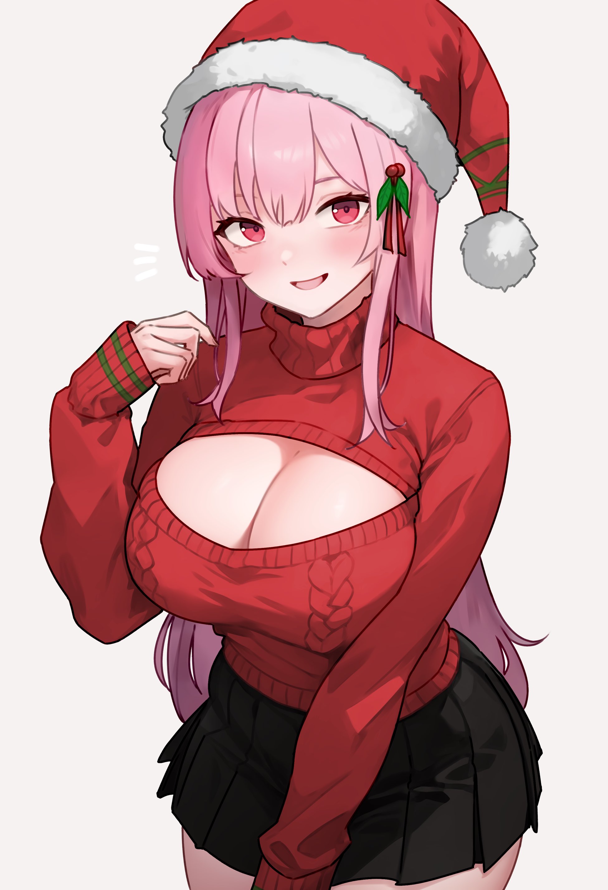 1girls, bluefield, breasts, christmas, cleavage, clothed, female, hololive, hololive english, hololive myth, large breasts, light skin, light-skinned female, long hair, mori calliope, pink eyes, pink hair, santa hat, virtual youtuber