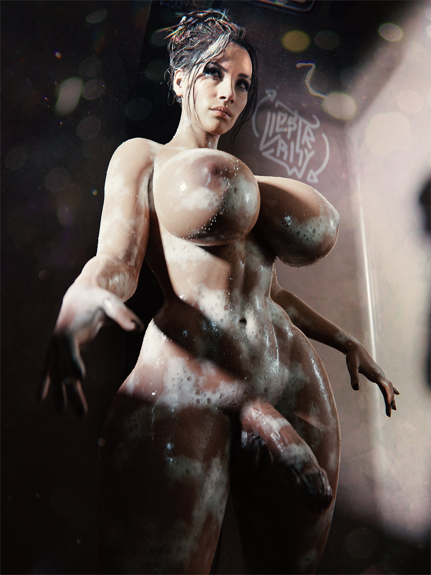 1futa, 2023, 3d, 3d (artwork), alternate version available, areolae, artist name, big breasts, big penis, blender, breasts, brown body, brown skin, cd projekt red, completely naked, completely nude, cyberpunk 2077, dark skin, dark-skinned futa, female, futa only, futanari, intersex, naked, naked female, navel, nipples, nude, nude female, nude futa, panam palmer, penis, rhywlad, solo, solo futa, standing, wet