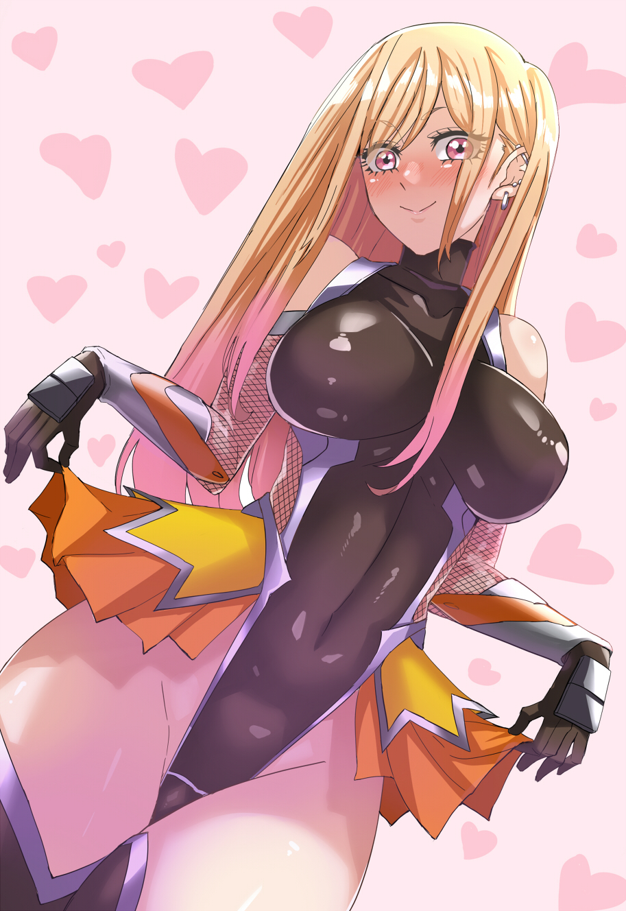 barbell_piercing blonde_hair blush boots breasts breasts_apart colored_tips cosplay covered_collarbone covered_navel covered_nipples cowboy_shot detached_sleeves ear_piercing earrings elbow_gloves female fishnet_gloves fishnets frilled_leotard frills gauntlets gloves groin hair_between_eyes highleg highleg_leotard highres igawa_sakura igawa_sakura_(cosplay) impossible_clothes impossible_leotard industrial_piercing jewelry kitagawa_marin large_breasts leotard lifted_by_self linea_alba long_hair multicolored_hair multiple_earrings multiple_piercings piercing pink_hair purple_eyes r-wade shiny_clothes shiny_skin showgirl_skirt skin_tight smile solo sono_bisque_doll_wa_koi_wo_suru straight_hair stud_earrings taimanin_(series) taimanin_asagi taimanin_suit thigh_boots thighhighs thighs two-tone_hair