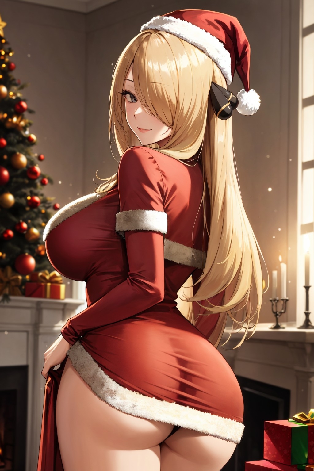 ai generated, big breasts, blonde hair, breasts, christmas, christmas outfit, cynthia (pokemon), female, nintendo, pokemon, thick thighs