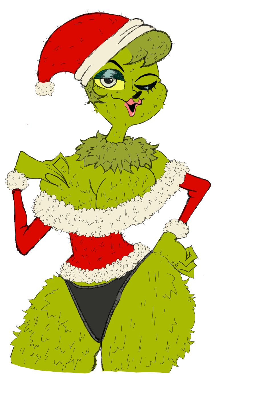 1girls big_breasts big_thighs christmas commission commission_art female female_only fur grinch hand_on_breast hand_on_hip how_the_grinch_stole_christmas one_eye_closed pink_lipstick rule_63 santa_costume santa_hat solo the_grinch the_grinchess thick_thighs thunder_thighs unknown_artist white_background