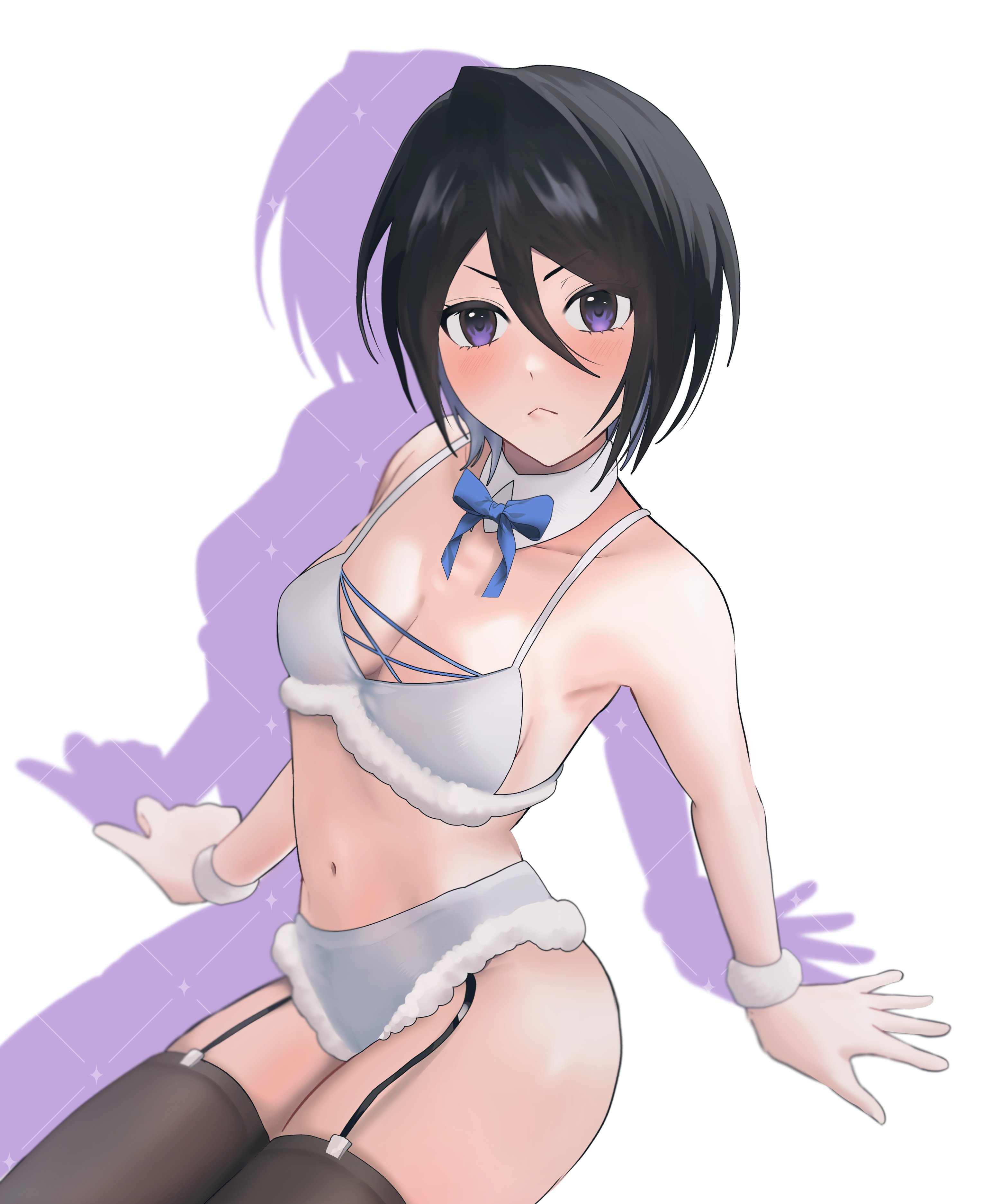 1girls, absurdres, artist request, bleach, blush, christmas, female, garter straps, gloves, highres, kuchiki rukia, looking at viewer, navel, panties, petite, purple eyes, ribbon, short hair, solo, thighhighs, underwear, underwear only