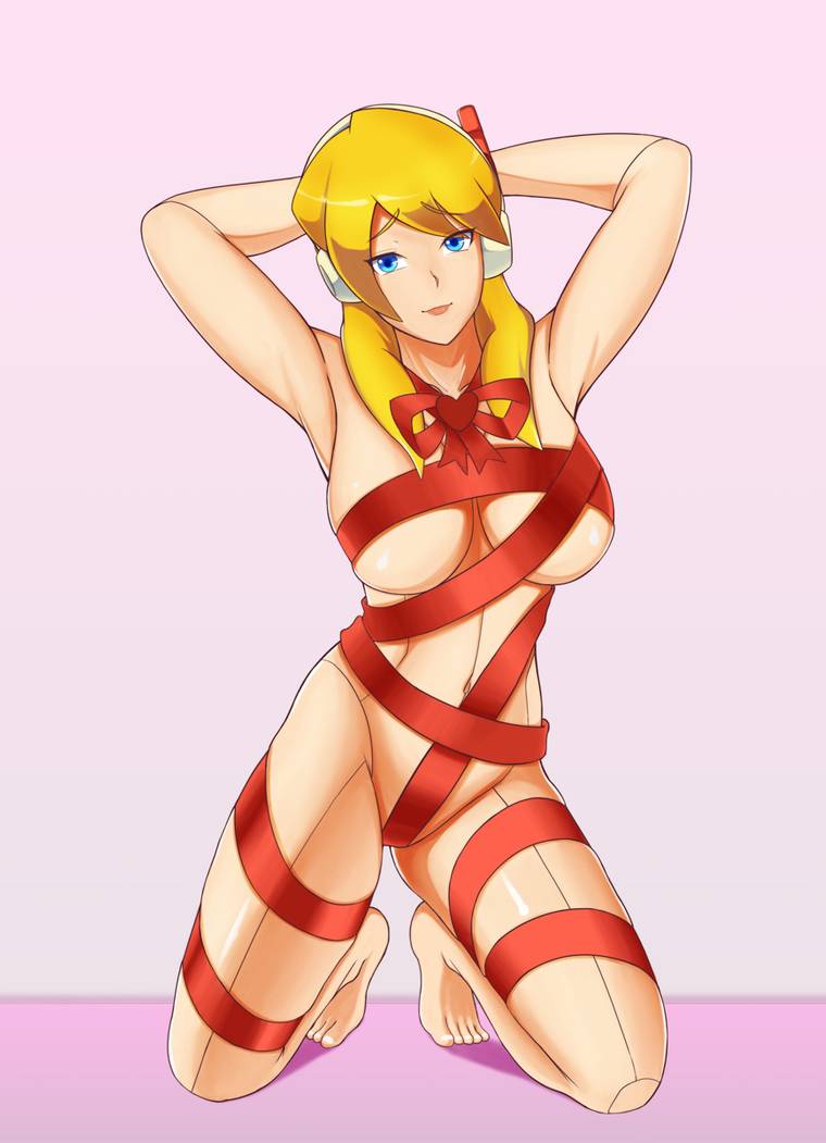 1girls alia alia_(mega_man) armpit armpits arms_behind_head barefoot blonde_hair blue_eyes capcom dpannkaka feet kneeling kneeling_female large_breasts looking_at_viewer mega_man mega_man_x naked on_knees pannkaka666 red_ribbon ribbon ribboned_body ribbons robot robot_ears robot_girl robot_humanoid robot_joints solo