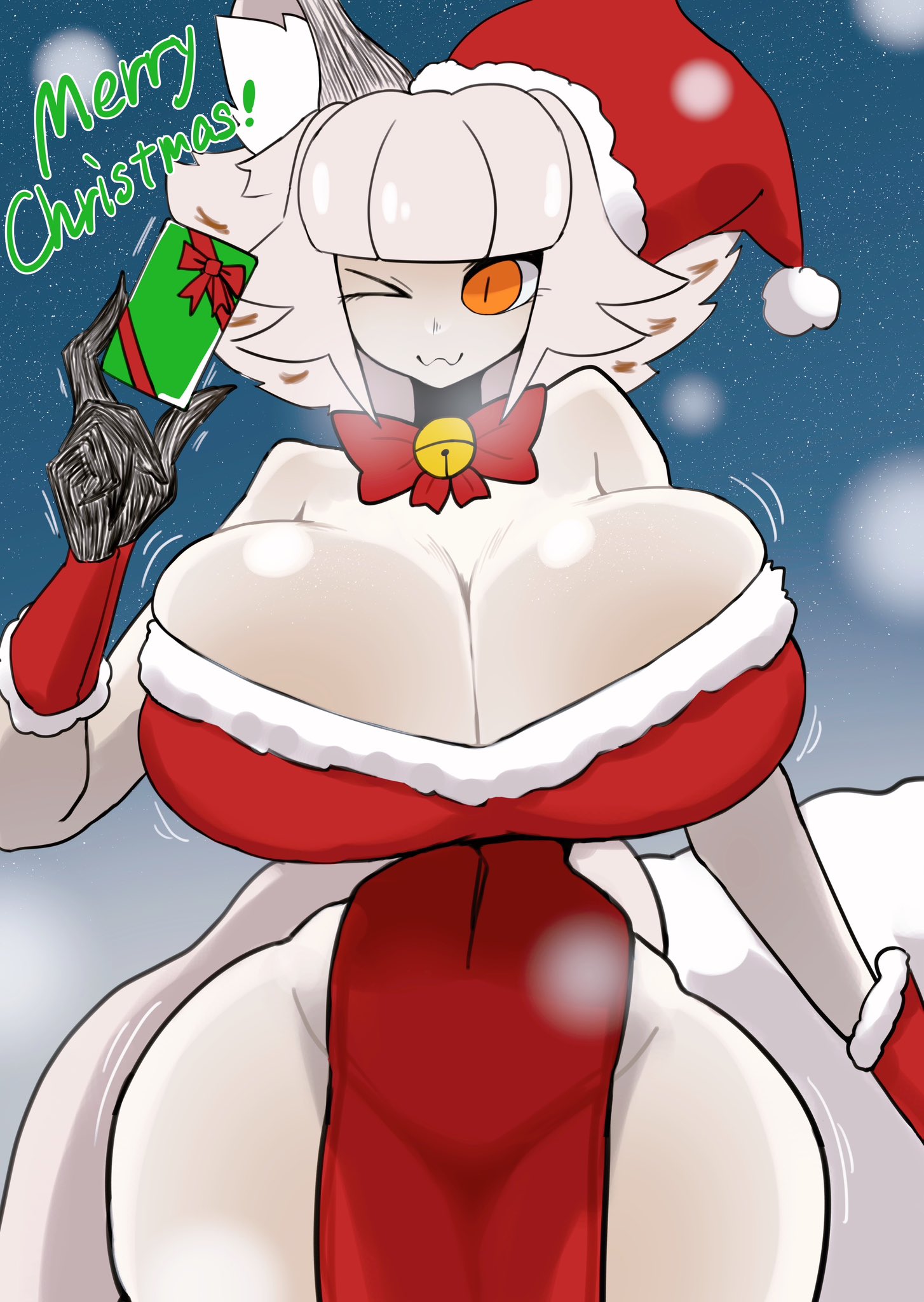2023, amber eyes, arm warmers, breast squish, breasts, cat ears, cat girl, cat tail, catgirl, catmaid (dizzyspells), choker, christmas, christmas outfit, clawed fingers, collar, collar bell, ear fluff, female, fluffy tail, fully clothed, highres, huge breasts, looking at viewer, pale skin, present, ribbon, santa hat, shiny skin, slim waist, smile, solo, tanio (tanio 0114), thick thighs, thigh squish, white hair, wide hips, wink, winking at viewer