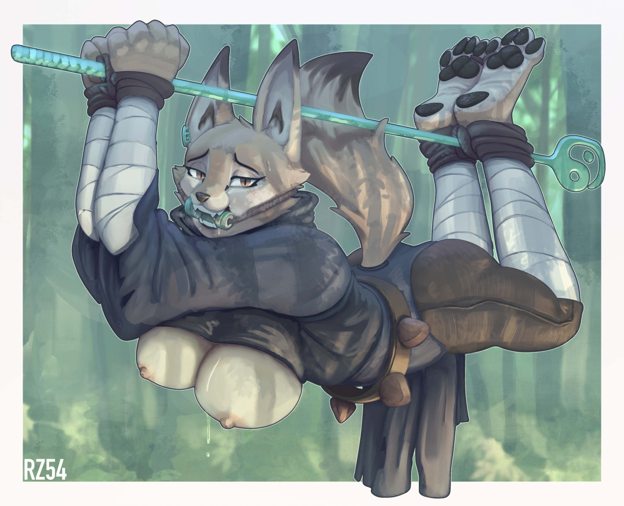 4 toes, anthro, barefoot, bodily fluids, bondage, bound, breasts, canid, canine, captured, countershade feet, countershading, dreamworks, fantasy, feet, female, foot focus, fox, gag, hi res, kung fu panda, looking at viewer, mammal, plantigrade, restraints, rope, rz54, saliva, soles, solo, submissive, submissive female, suspension, sweat, toe restraints, toes, toes tied, tribal carry, zhen (kung fu panda)