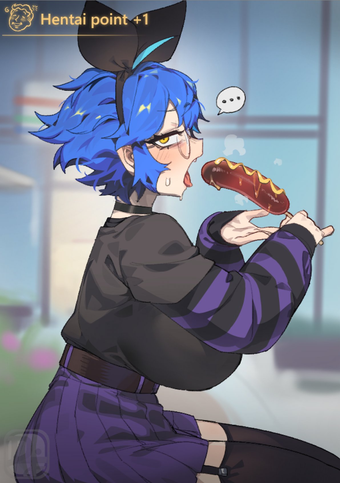 1girls black_thighhighs blue_hair choker corndog dif_(difman) difman eating food from_side garter_straps glasses huge_breasts looking_at_viewer open_mouth pleated_skirt sexually_suggestive sitting skirt solo striped_shirt tagme thighhighs yellow_eyes