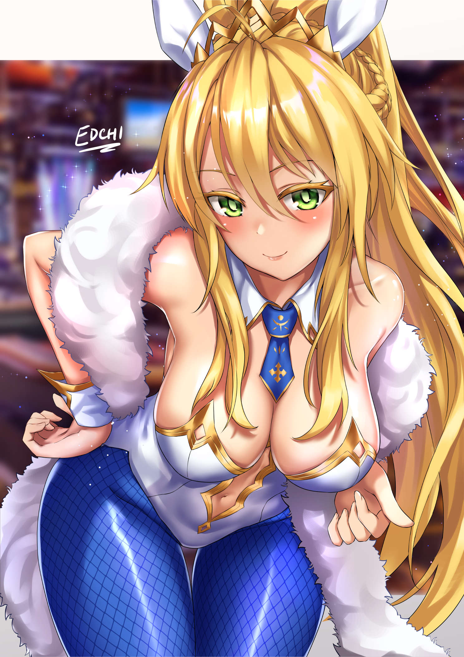 ahoge animal_ears artoria_pendragon artoria_pendragon_(lancer) artoria_pendragon_(swimsuit_ruler) bare_shoulders blonde_hair blue_pantyhose blush braid breasts cleavage clothing_cutout detached_collar edchi fate/grand_order fate_(series) feather_boa female fishnet_pantyhose fishnets french_braid green_eyes hair_between_eyes highleg highleg_leotard highres large_breasts leaning_forward leotard long_hair looking_at_viewer navel navel_cutout necktie pantyhose playboy_bunny ponytail rabbit_ears sidelocks smile solo thighs tiara white_leotard wrist_cuffs