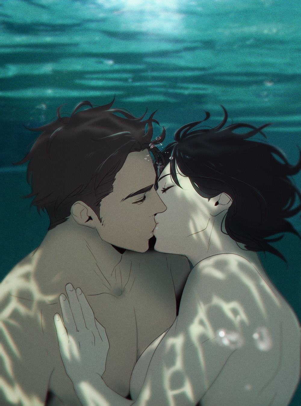 1boy 1girls asian_female attack_on_titan black_hair breasts brown_hair closed_eyes eren_jaeger hand_on_chest hanpetos kissing masculine mikasa_ackerman nude nude_female nude_male shingeki_no_kyojin sideboob underwater wholesome