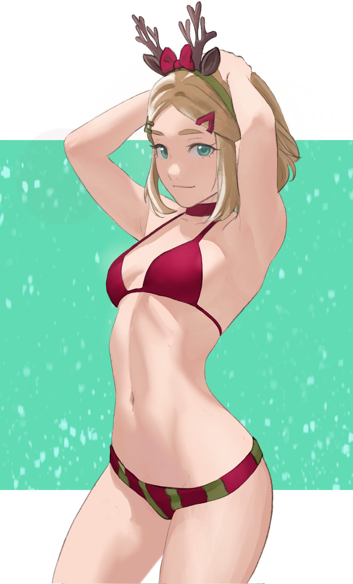 1girls alternate_costume antlers armpits bikini blonde_hair breasts closed_mouth fake_antlers female female_only green_background green_eyes green_hairband hair_ornament hairband hairclip hands_on_own_head highres looking_at_viewer navel nintendo parted_bangs pomelomelon princess_zelda red_bikini red_swimsuit reindeer_antlers santa_bikini short_hair small_breasts smile solo swimsuit tears_of_the_kingdom the_legend_of_zelda the_legend_of_zelda:_tears_of_the_kingdom two-tone_background white_background zelda_(tears_of_the_kingdom)