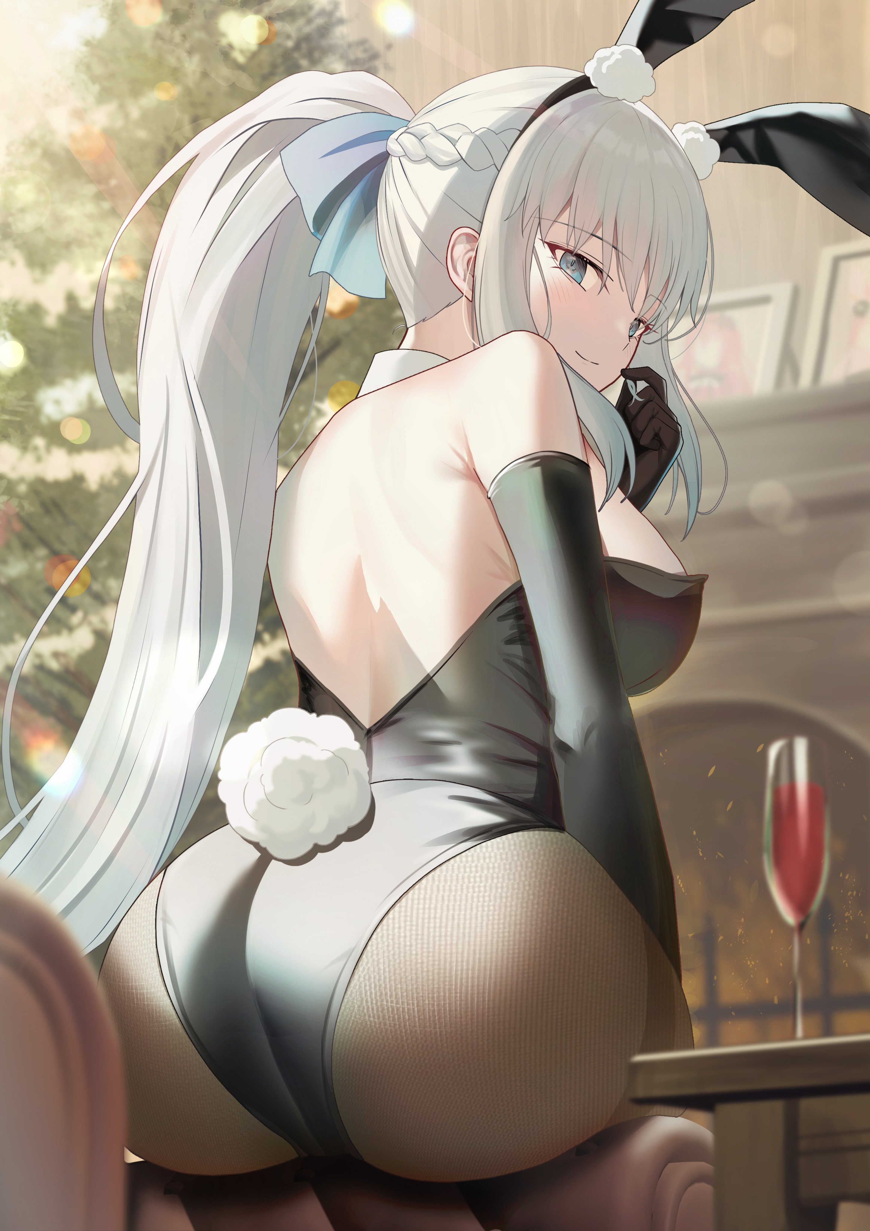 1girls, ass, ass focus, back, big ass, big breasts, blue eyes, breasts, bunny ears, bunny tail, bunnysuit, cup, detached collar, drinking glass, elbow gloves, fake animal ears, fate (series), fate/grand order, female, female only, gloves, huge ass, leotard, light skin, light-skinned female, looking back, mishiro (ixtlolton), morgan le fay (fate), pantyhose, playboy bunny, ponytail, smile, solo, white hair, wine glass