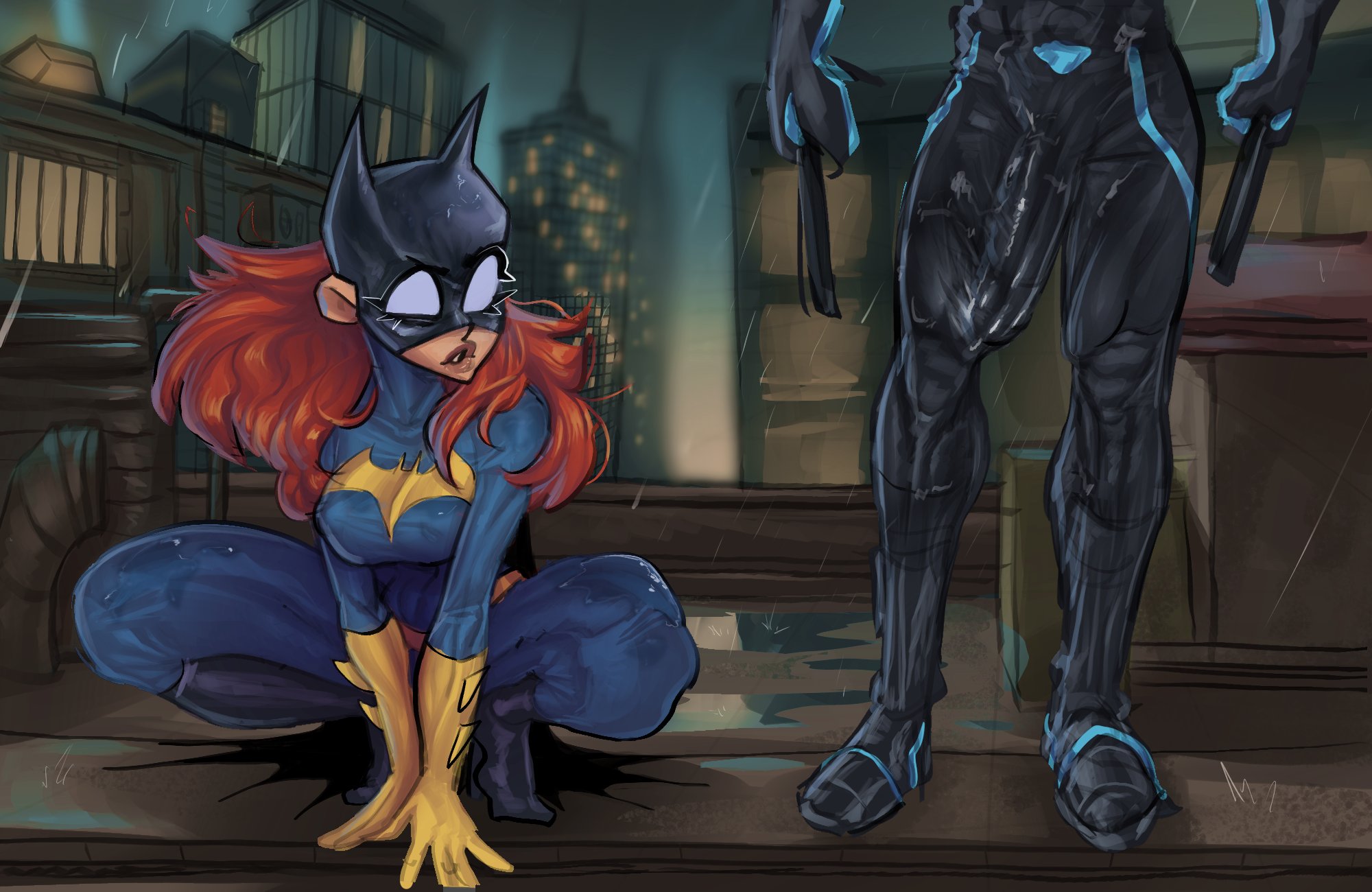 1boy, 1girls, barbara gordon, batgirl, batman (series), big breasts, big penis, breasts, bulge, canon couple, dc, dc comics, dick grayson, female, long hair, looking at penis, looking pleasured, lord moku, male, nightwing, nightwing (series), partial male, penis, red hair, superhero, superheroine, thick thighs