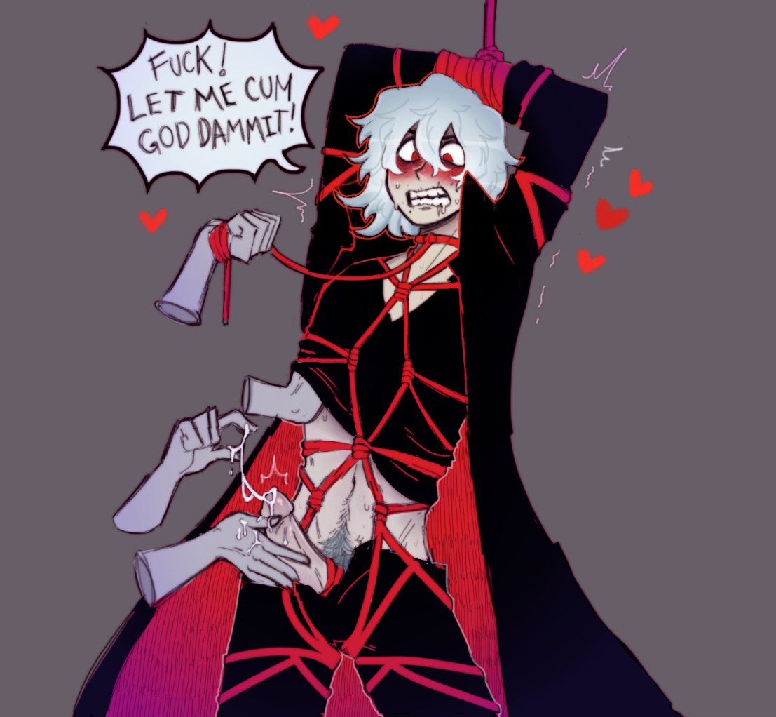 1boy, bondage, bound, cum, disembodied hand, edging, erection, handjob, male, male focus, male only, masculine, my hero academia, orgasm face, penis, pubic hair, rope, rope bondage, rope harness, shibari over clothes, shigaraki tomura, submissive male, sweetiem4sk, tomura shigaraki
