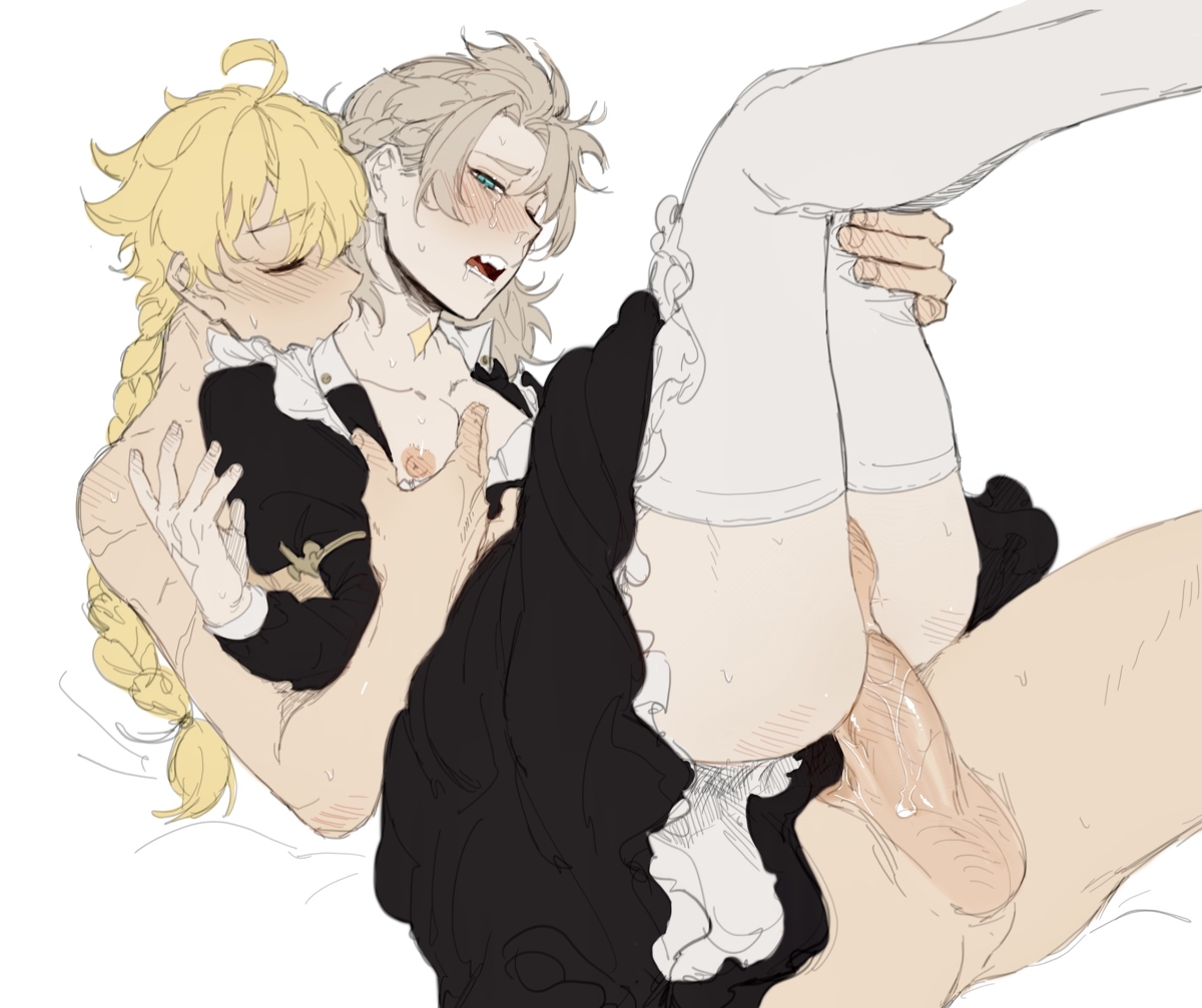 2boys, aether (genshin impact), albedo (genshin impact), anal, big penis, biting, gay, genshin impact, jesuistae 23m, maid, maid uniform, male, moaning, nipples, penis, yaoi