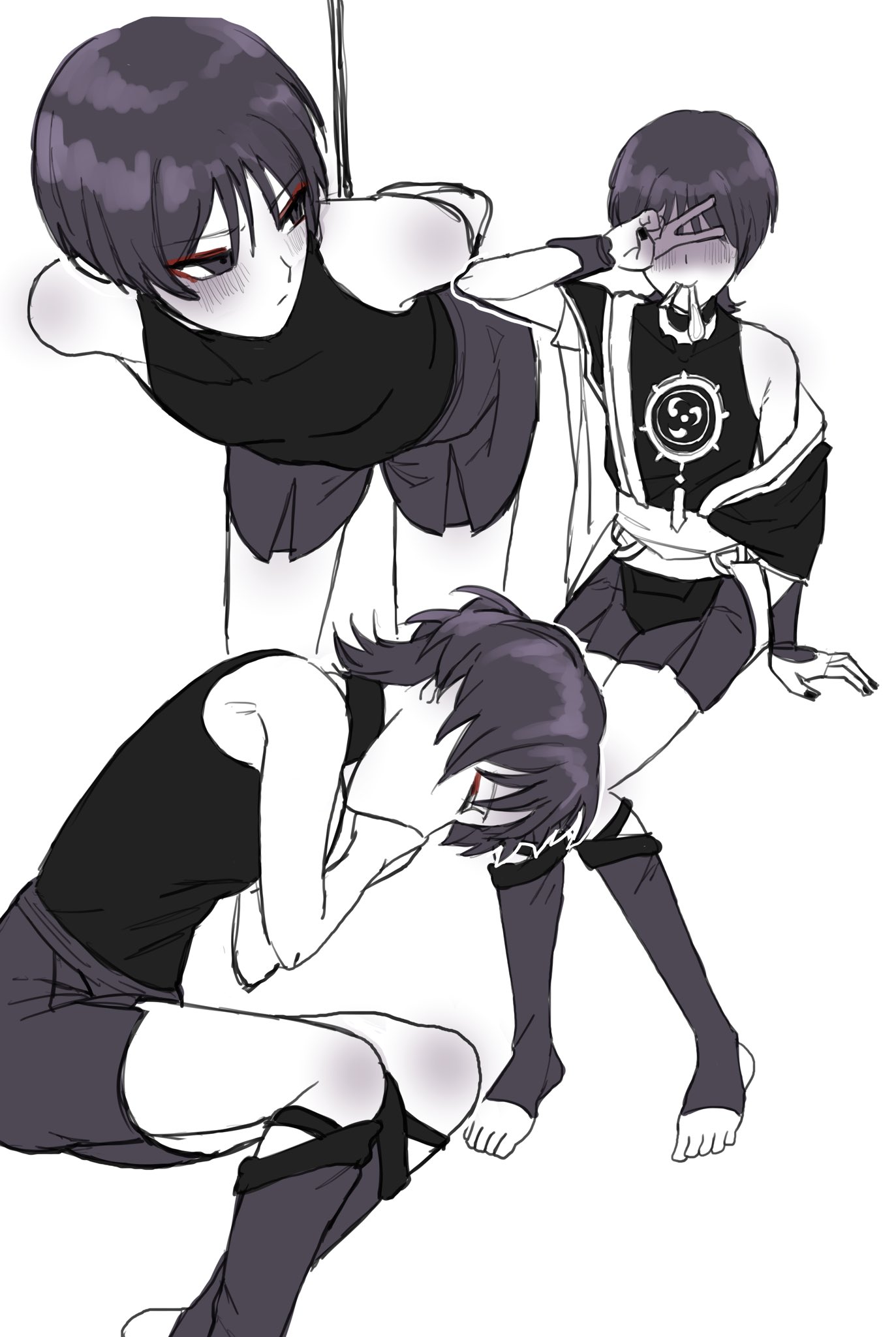 1boy, bondage, crossdressing, crossdressing male, femboy, genshin impact, male, male only, plain background, qmrk123, scaramouche (genshin impact), simple background, solo, solo male, tied up, tsundere, used condom, white background