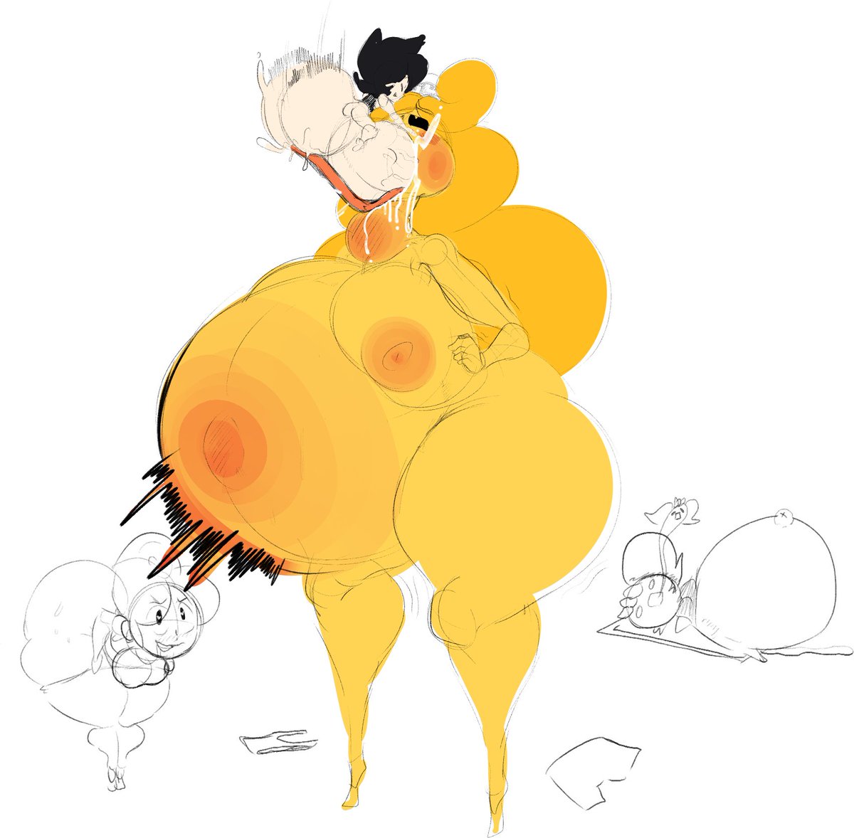 1boy, 1girls, balls, big balls, big belly, big breasts, big penis, blowjob, bodily fluids, breasts, color, colored sketch, cum, cum inflation, cum inside, cumflated belly, cumflation, deepthroat, dumplis (artist), emoji (race), fellatio, female, genital fluids, genitals, hair, huge balls, huge breasts, huge cock, huge penis, human, human on humanoid, humanoid, hyper, hyper balls, hyper cumflation, hyper penis, inflation, jay (dumplis), larger female, licking balls, long tongue, male, male human/female humanoid, male/female, noodles (chemicalsushi), penis, size difference, sketch, smaller male, strawberry (chemicalsushi), swallowing, swallowing cum, thick thighs, tongue, yellow body, yellow hair, yellow skin
