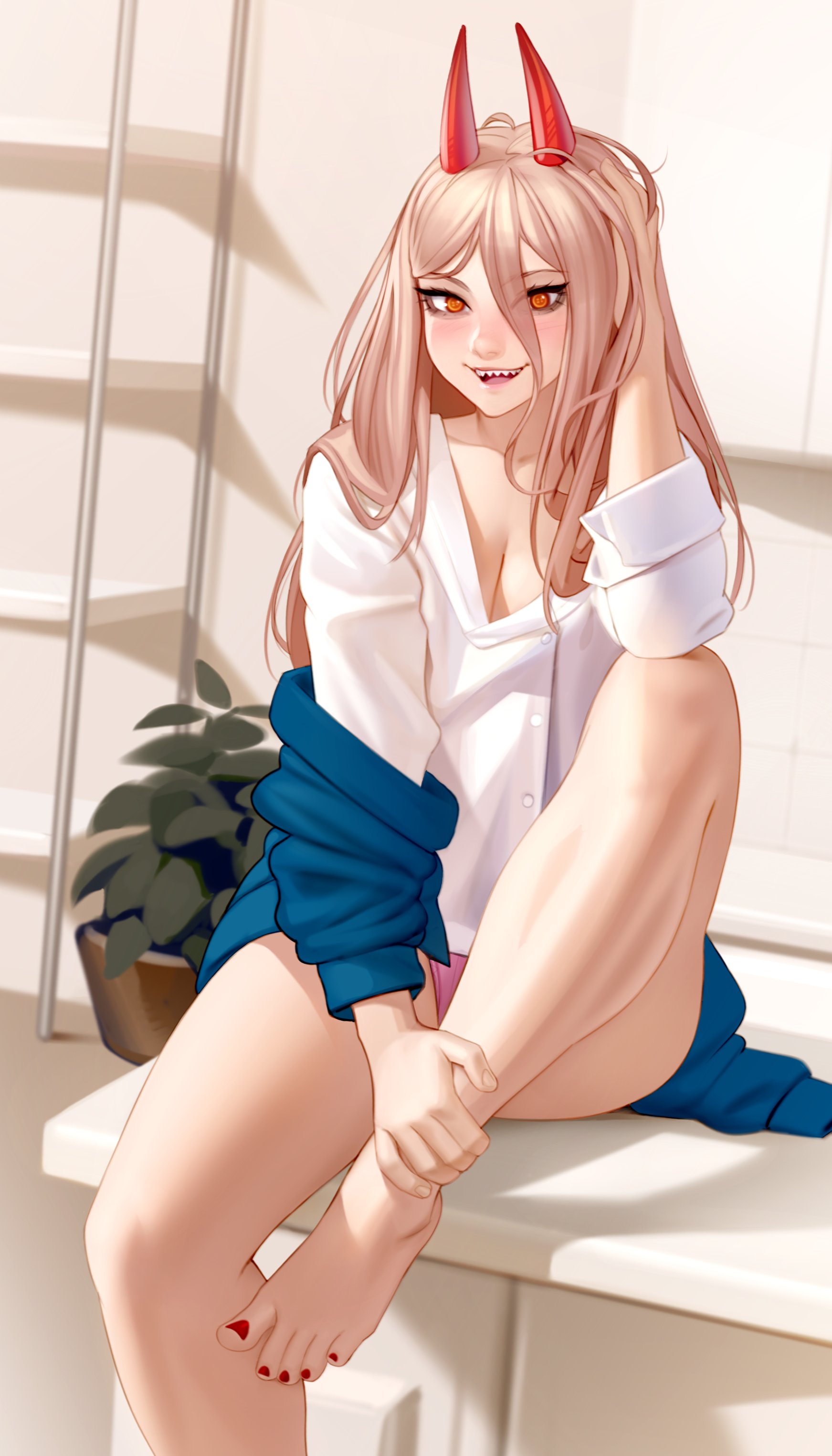 barefoot, blonde hair, breasts, chainsaw man, cleavage, demon horns, feet, female, female only, kairuhentai, kairunoburogu, long hair, loose clothes, nail polish, nails, no pants, pink panties, pointy teeth, power (chainsaw man), red toenails, small breasts, smile, strawberry blonde hair, toes, white shirt, yellow eyes