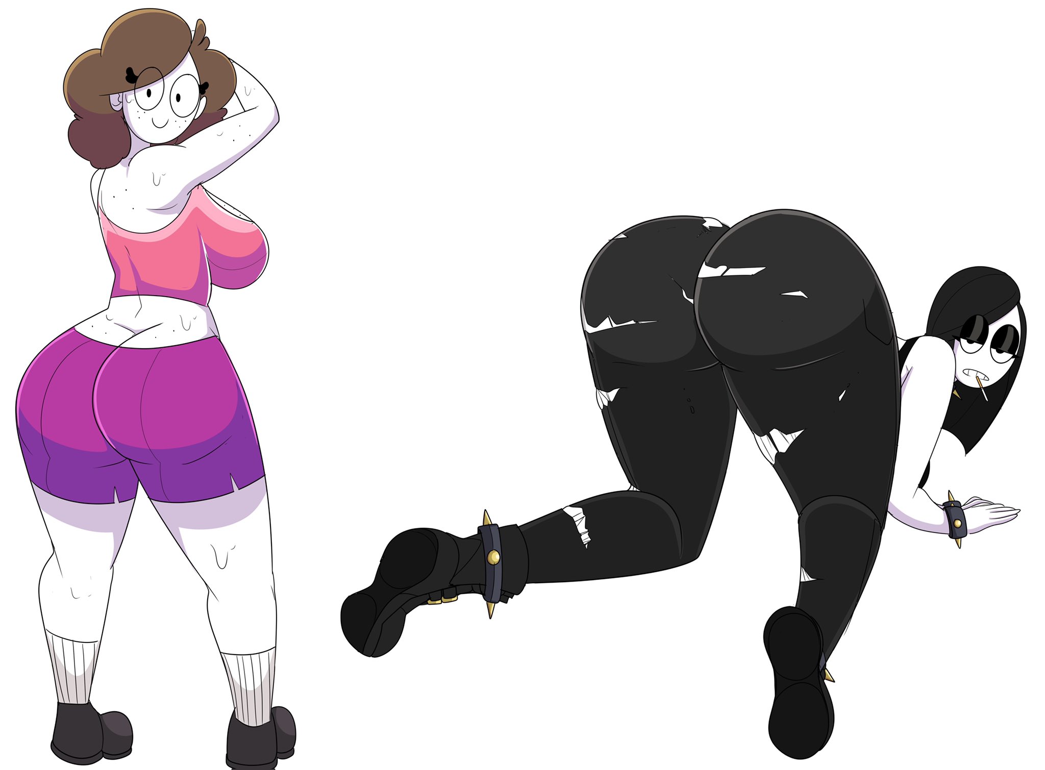 2girls, ass, ass cleavage, ass crack, ass focus, ass up, bare arms, bare shoulders, big ass, big breasts, black hair, black pants, boots, breasts, brown hair, butt crack, cigarette, clothed, clothing, duo, female, female only, freckles, goth, hot pants, huge ass, looking at viewer, looking back, massive ass, presenting, presenting hindquarters, revealing, revealing clothes, ripped clothing, ripped pants, saltynoodles, sammy (saltynoodles), short hair, shorts, sideboob, smile, spiked bracelet, spiked collar, sweat, tank top, torn clothes, torn clothing, torn legwear, veronica (saltynoodles), white skin, workout clothes
