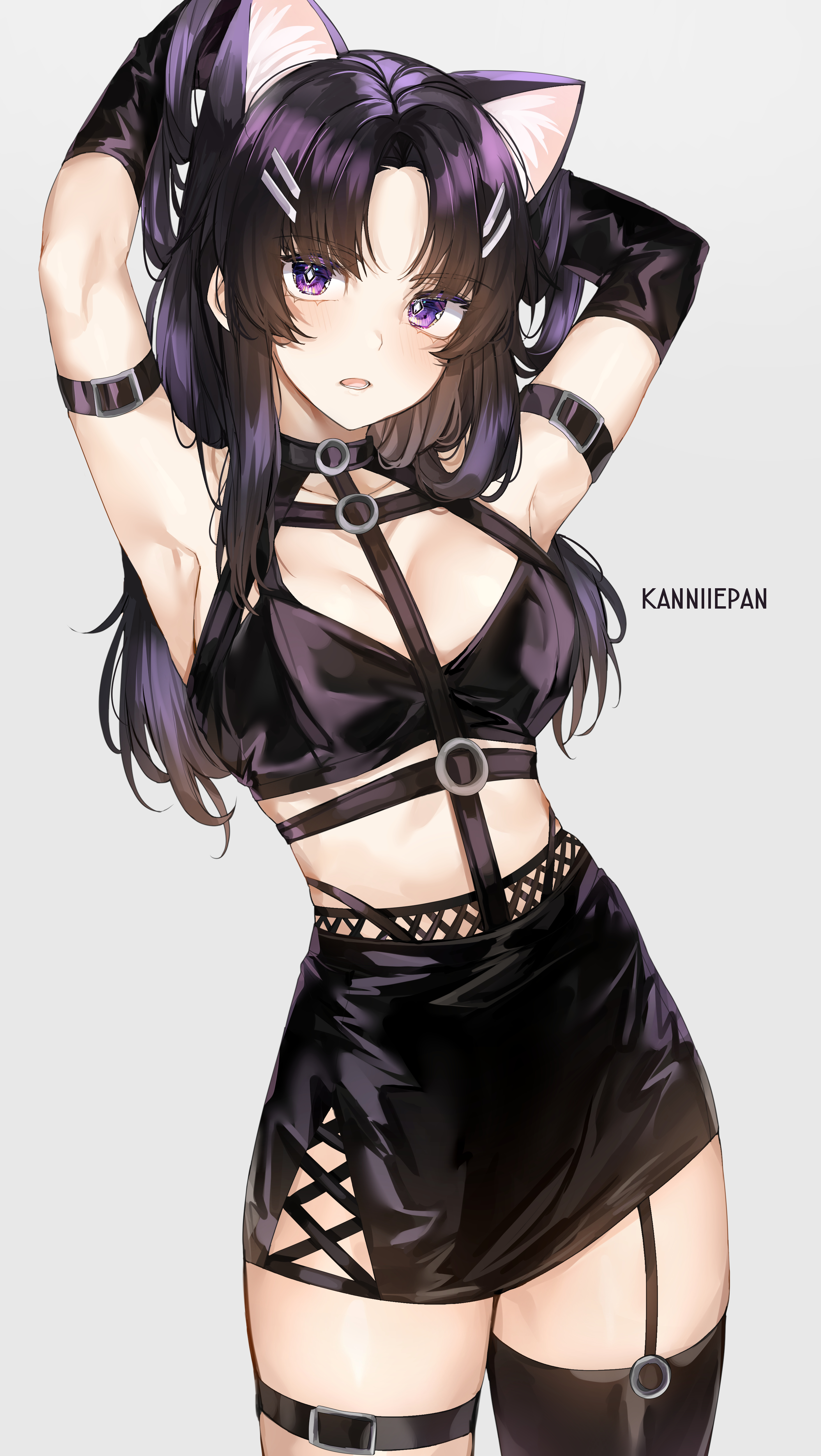 animal ears, arms up, asymmetrical legwear, black gloves, black hair, black legwear, breasts, cleavage, elbow gloves, eyebrows visible through hair, female, garter straps, gloves, hair ornament, hairclip, high resolution, kanniiepan, large breasts, lingerie, long hair, looking at viewer, nekomimi, original, parted lips, purple eyes, single thighhigh, tagme, thighhighs, very high resolution