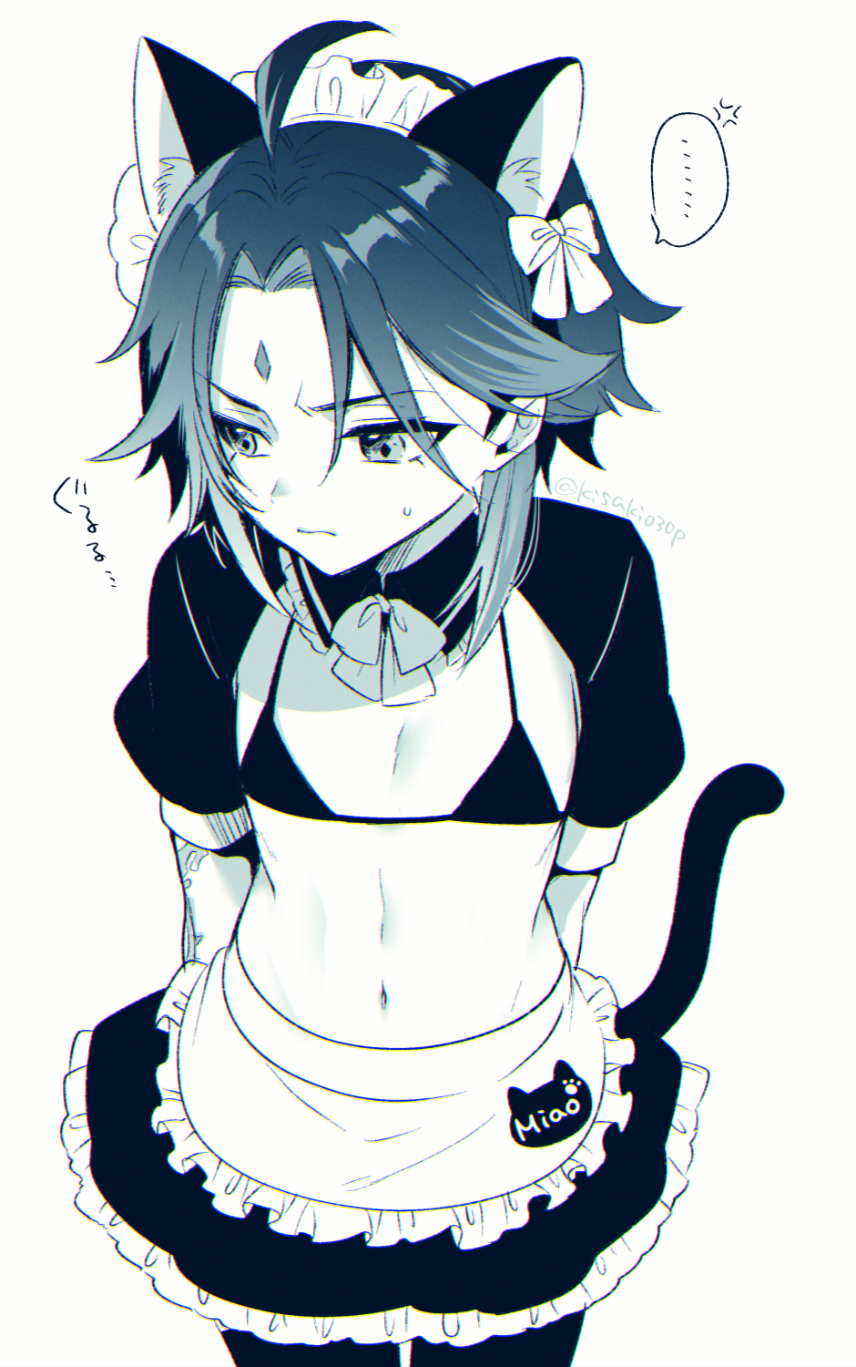 1boy, adeptus, bikini top, blush, cat boy, cat ears, cat tail, catboy, crossdressing, femboy, genshin impact, girly, kisaki030p, maid, maid uniform, male, male only, midriff, tagme, xiao (genshin impact)