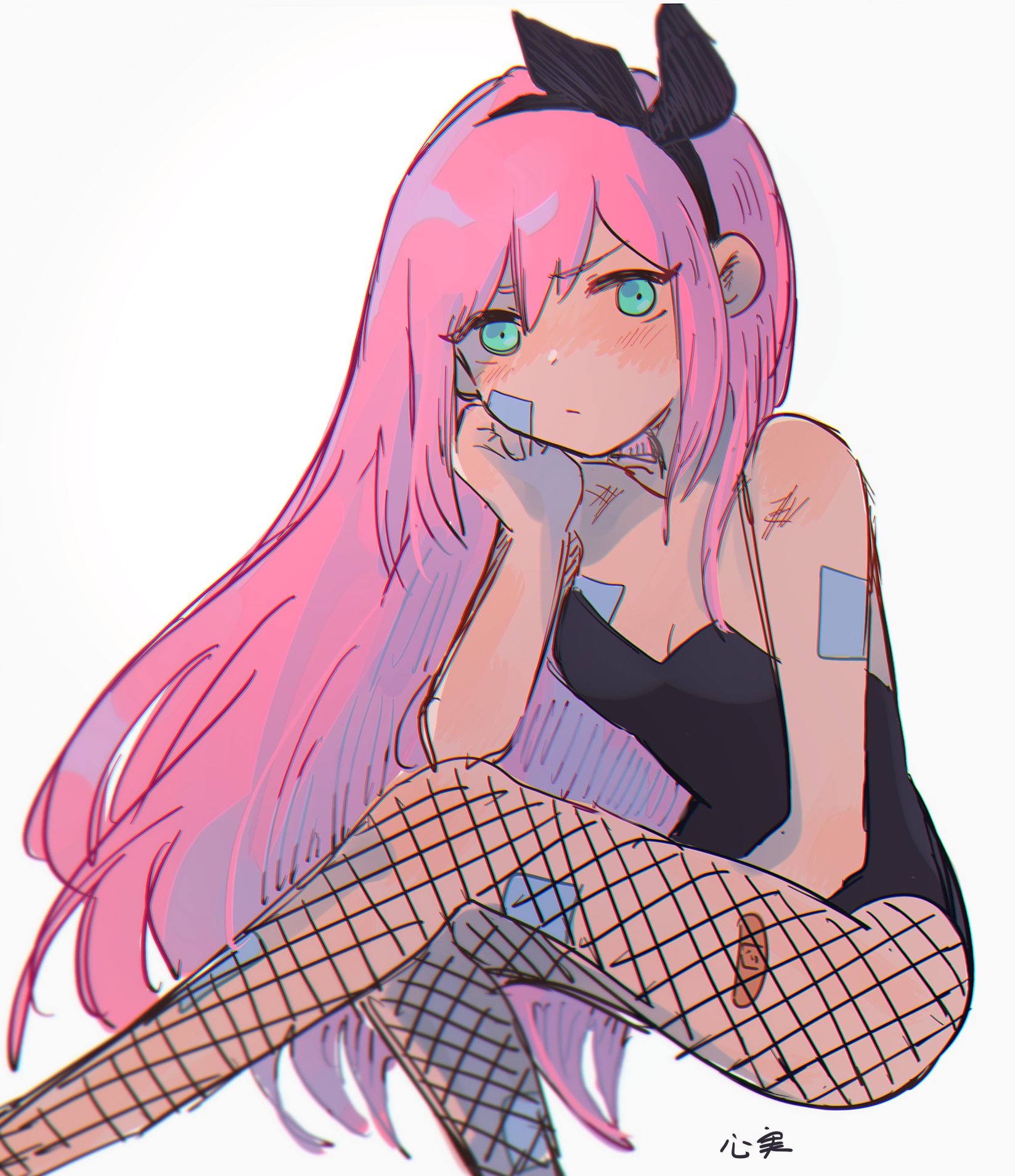 1girls, 2d, aubrey (omori), bandage, blue eyes, blush, bunny girl, bunnysuit, female, female only, fishnets, k0k0midess, looking at viewer, mob face, omori, pink hair, solo, thighs, turquoise eyes