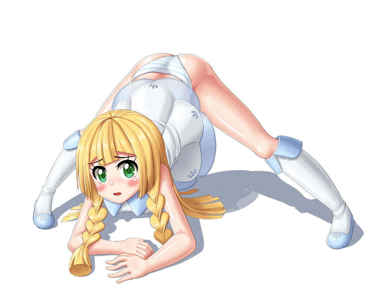 :o, 2021, artist request, ass, ass up, blonde hair, blush, boots, braided hair, cute, embarrassed, female, game freak, green eyes, high boots, jack-o pose, legs apart, lillie (pokemon), long hair, nintendo, panties, petite, petite body, pokemon, pokemon sm, short dress, solo, striped fur, stripes, tiptoes, uncomfortable, white background