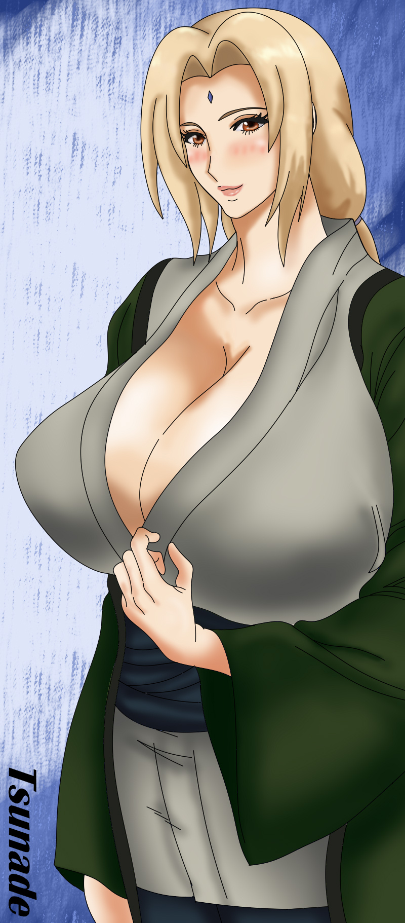 1girls, big breasts, blonde hair, breasts, breasts bigger than head, busty, center opening, character sheet, cleavage, clothed female, clothes pull, clothing, facial mark, female, female only, forehead mark, fully clothed, haori, huge breasts, kimono, large breasts, light skin, light-skinned female, lipstick, makeup, mature, mature female, naruto, naruto (series), naruto shippuden, no bra, pants, sash, shiny, shiny hair, shiny skin, shounen jump, smile, solo, solo focus, spellblade67, teasing, text, tied hair, tsunade, twintails