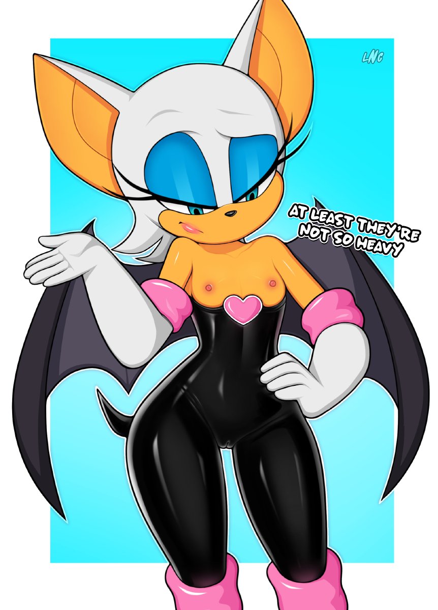 2021, alternate breast size, anthro, areola, armwear, bat, bat wings, black clothing, blue background, blue eyeshadow, border, breasts, cameltoe, chiropteran, clothing, countershade face, countershading, dialogue, digital drawing (artwork), digital media (artwork), elbow gloves, english text, eyelashes, eyeshadow, female, flat chest, flat chested, glistening, glistening body, glistening clothing, glistening skin, gloves, hair, hand on hip, handwear, hi res, lips, loodncrood, looking at own breasts, looking at self, looking down, makeup, mammal, membrane (anatomy), membranous wings, mostly clothed, multicolored body, multicolored clothing, multicolored face, multicolored skin, nipples, pink clothing, portrait, pussy, rouge the bat, sega, short hair, signature, simple background, small breasts, solo, sonic (series), sonic the hedgehog (series), standing, tan body, tan countershading, tan skin, teal eyes, text, thick thighs, three-quarter portrait, two-tone body, two-tone face, two-tone skin, video games, white armwear, white body, white border, white clothing, white gloves, white hair, white handwear, white skin, wings